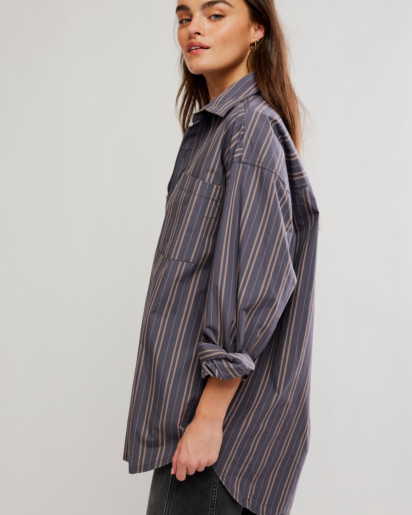 FREE PEOPLE FREDDIE STRIPED BUTTON DOWN SHIRT - GREY COMBO