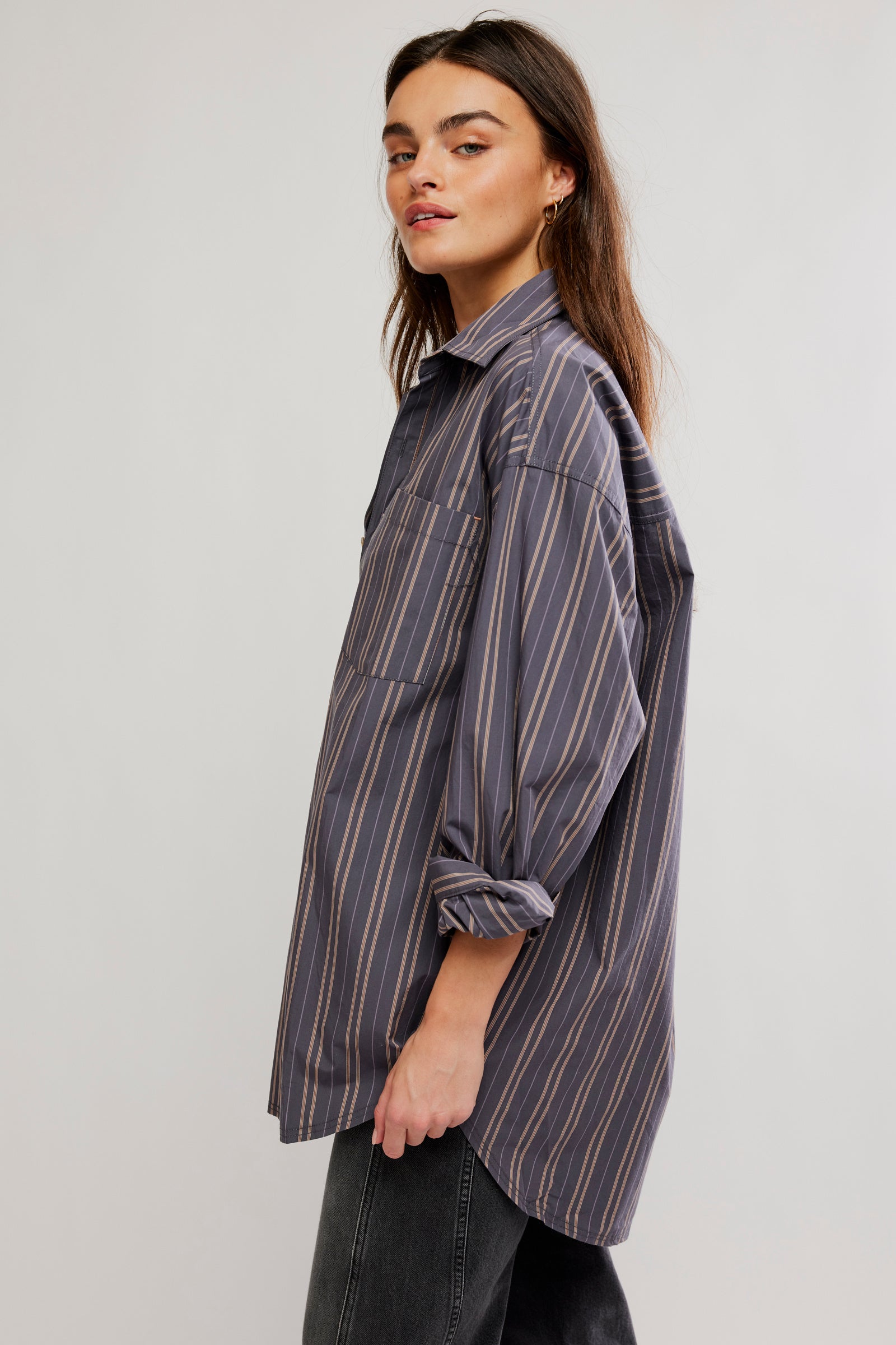 FREE PEOPLE FREDDIE STRIPED BUTTON DOWN SHIRT - GREY COMBO