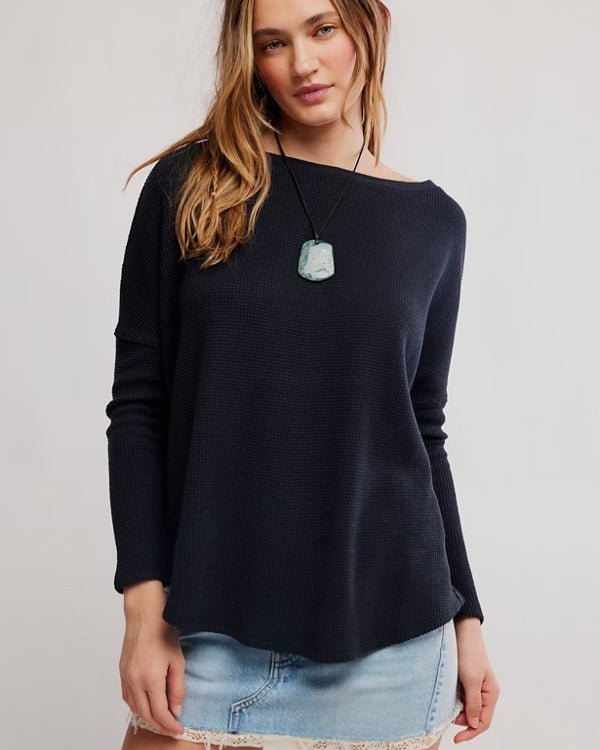 FREE PEOPLE LATTE BLUES THERMAL SOLID TOP - BLACK