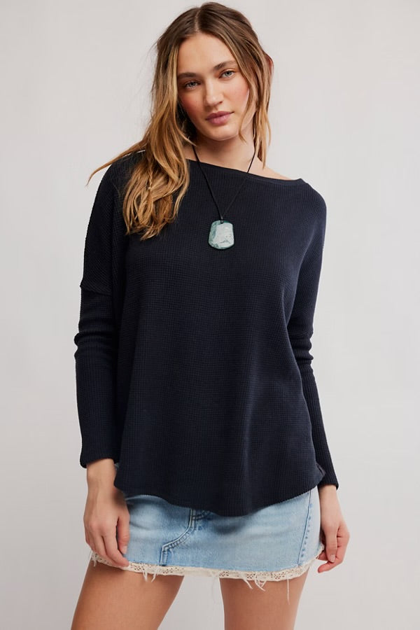 FREE PEOPLE LATTE BLUES THERMAL SOLID TOP - BLACK