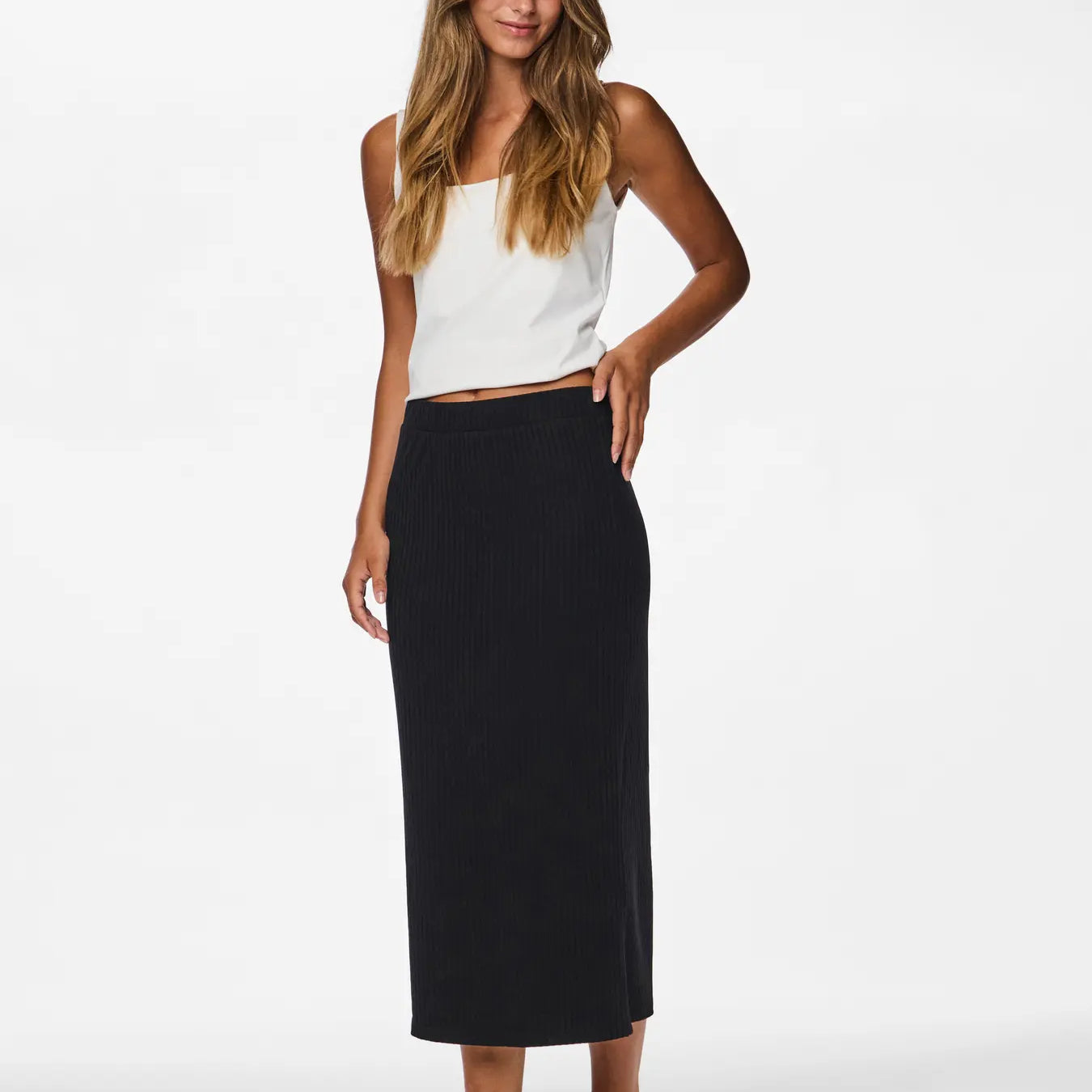PIECES KYLIE RIBBED MIDI SKIRT - BLACK
