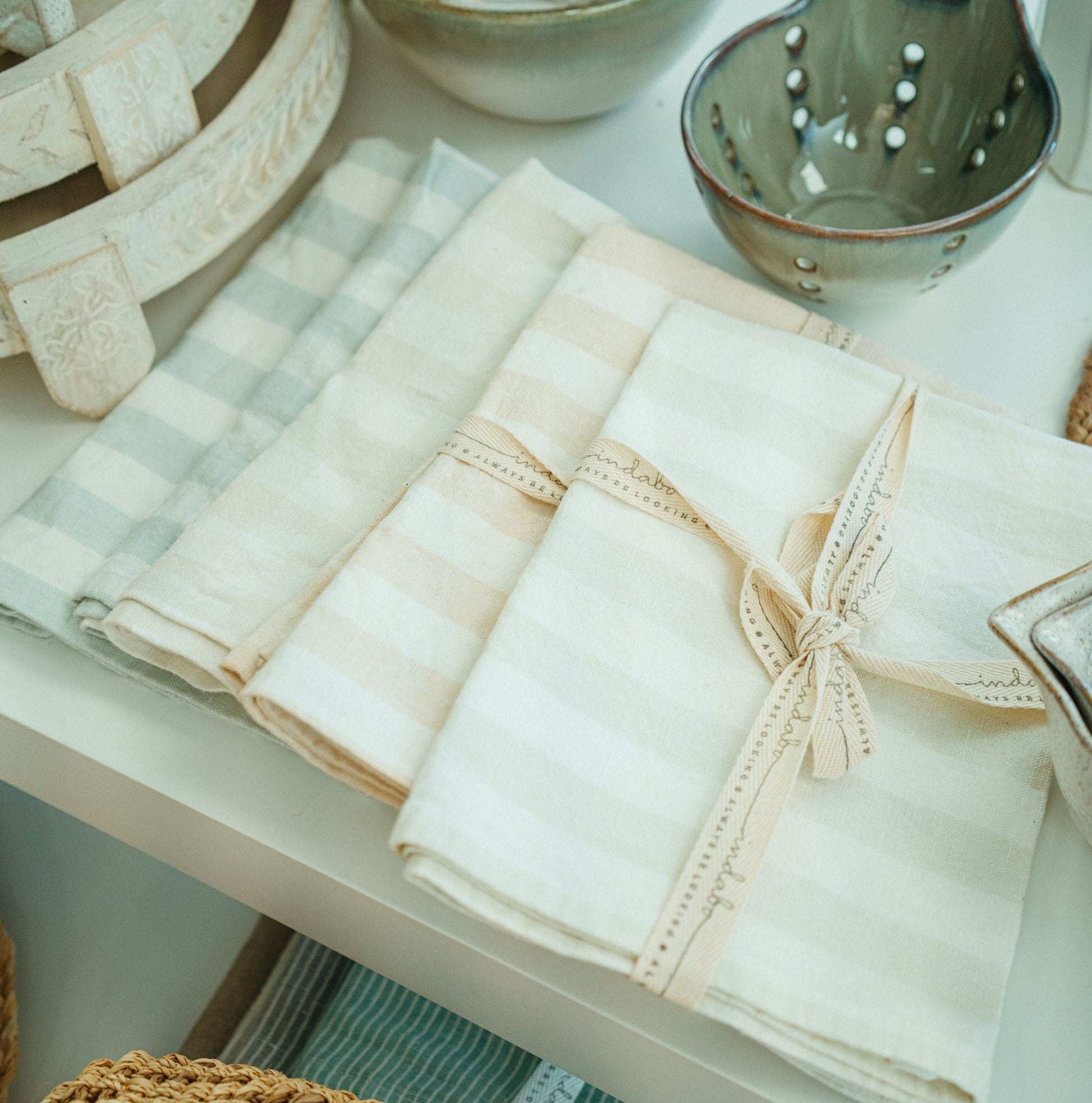 GINGHAM STRIPE TEA TOWEL - CLAY