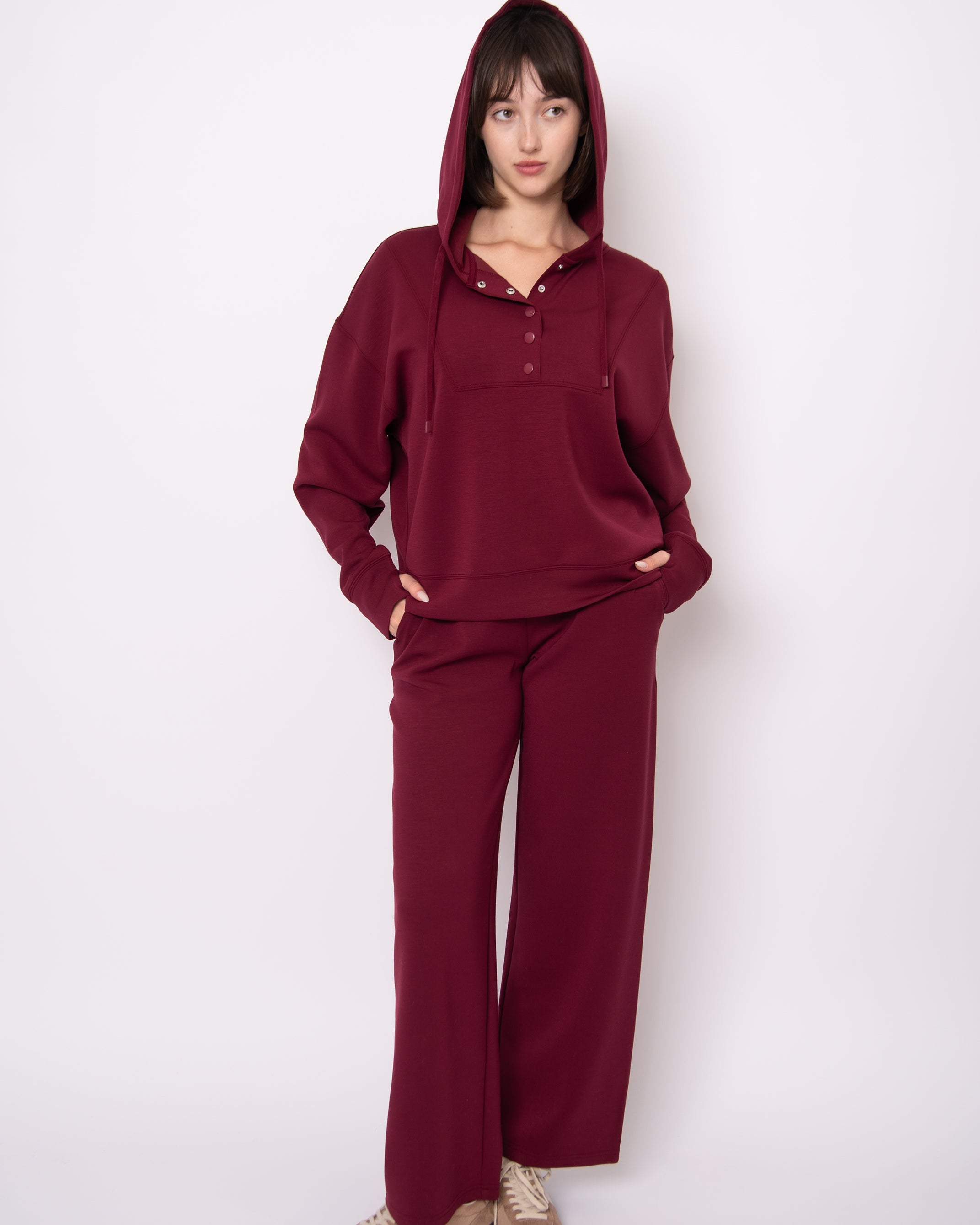 SALLIE SOFT KNIT SNAP FRONT HOODIE - OXBLOOD
