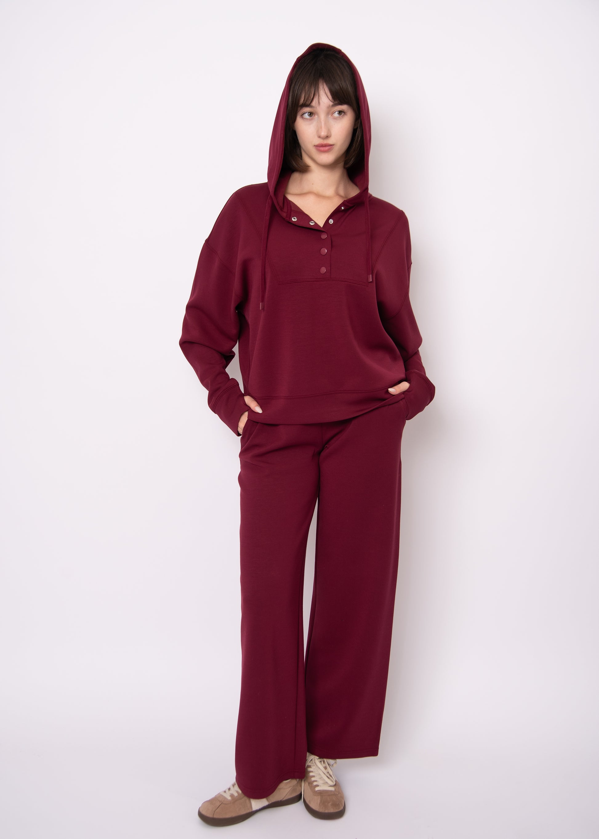 SALLIE SOFT KNIT SNAP FRONT HOODIE - OXBLOOD