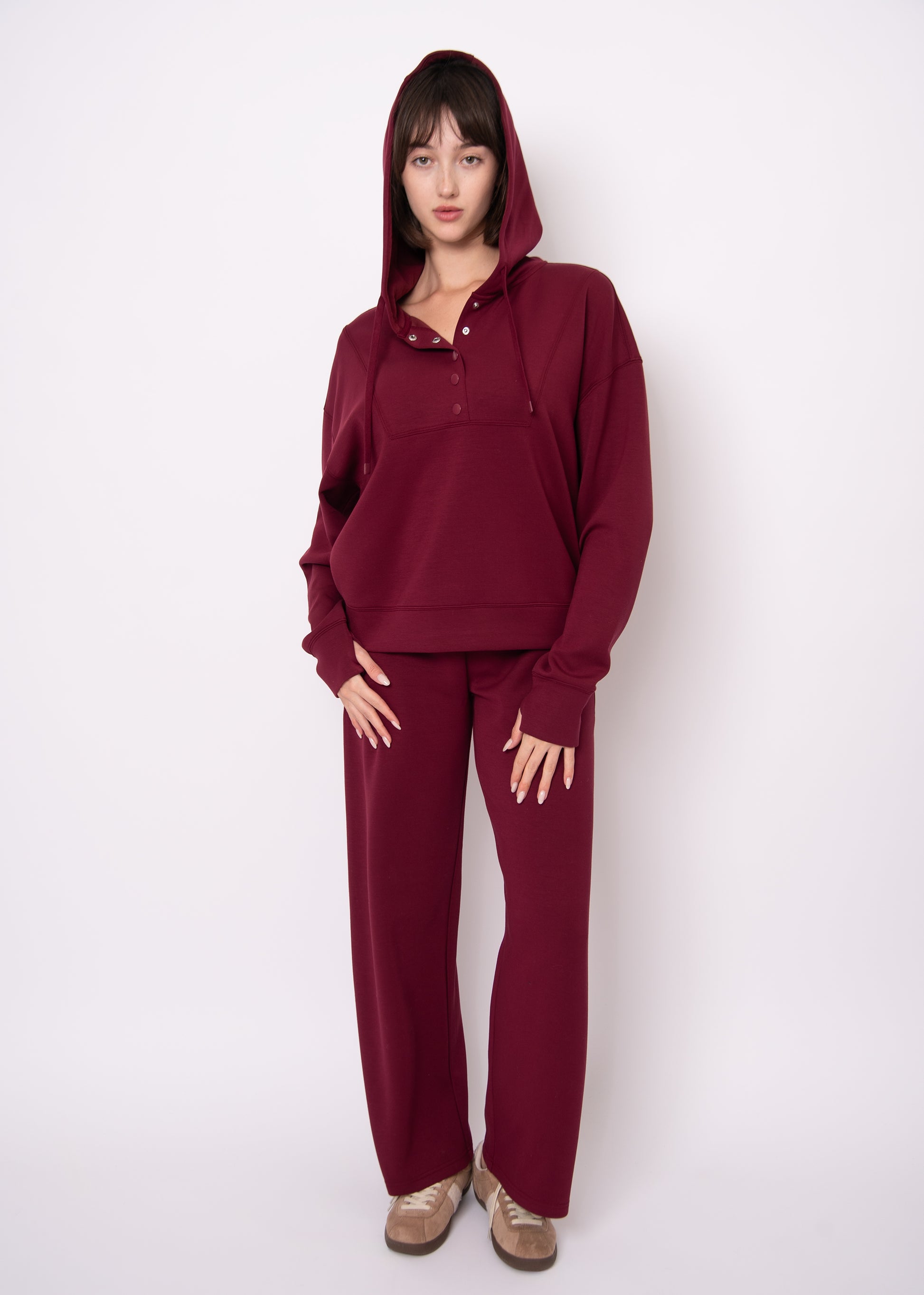 SALLIE SOFT KNIT SNAP FRONT HOODIE - OXBLOOD