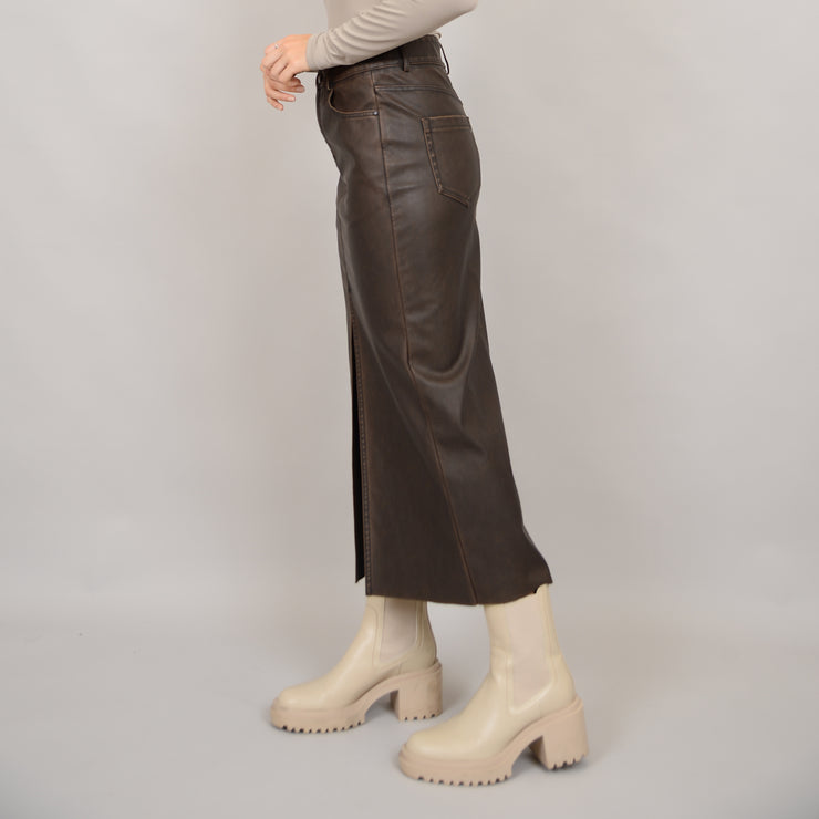 SHAY FAUX LEATHER MIDI SKIRT - CEDAR BROWN - LAST SIZE S