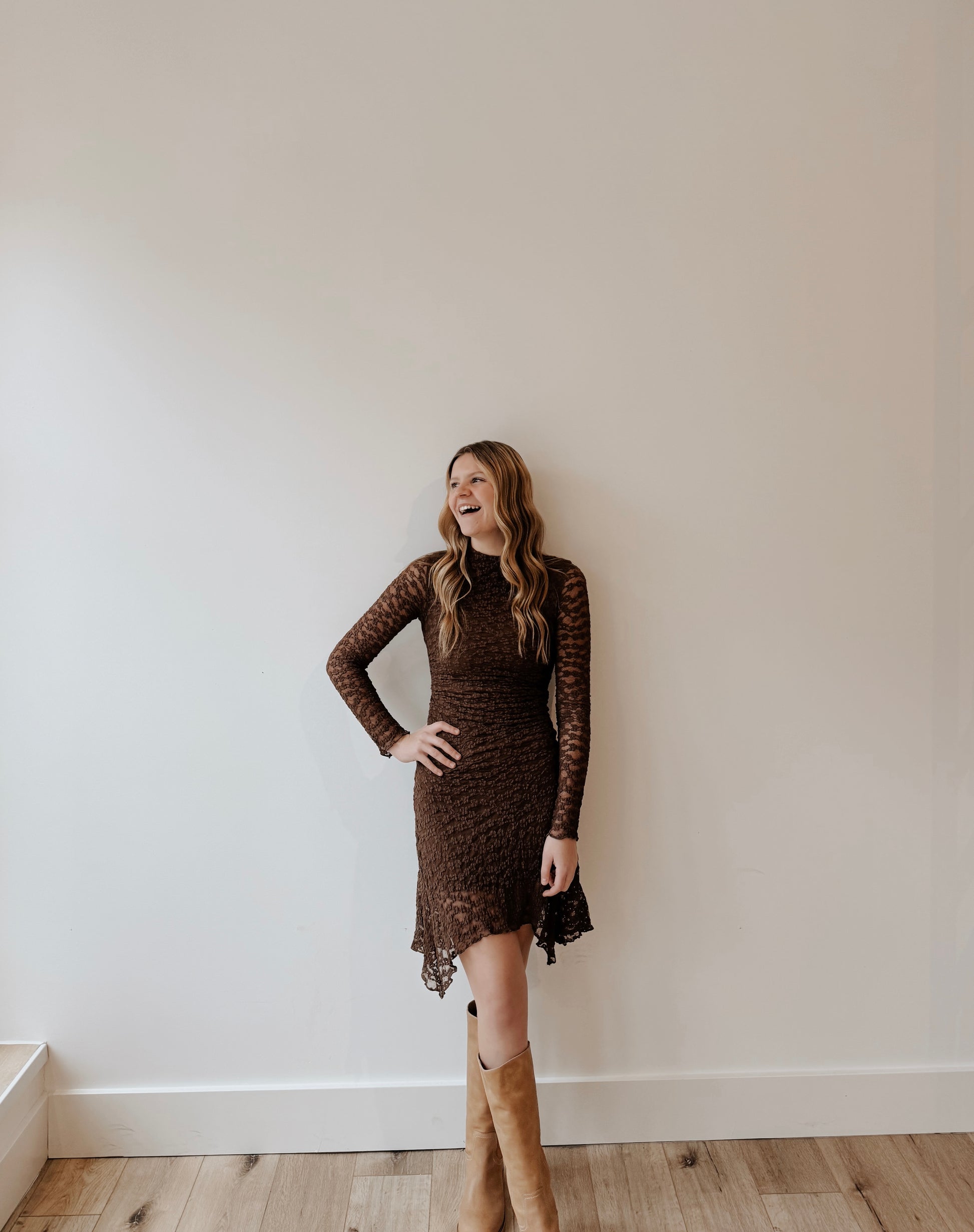 DATE NIGHT LACE FITTED DRESS - BROWN