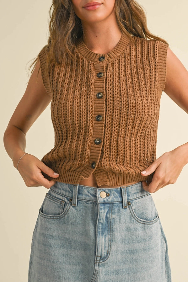 BUTTON DOWN CROCHET VEST - BROWN