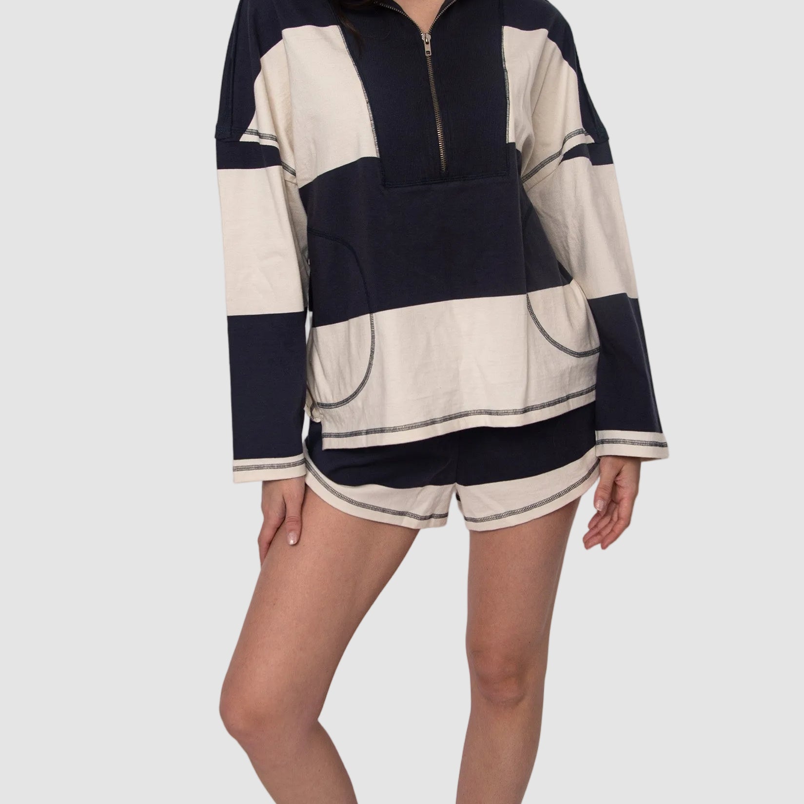 CAMILLE STRIPED ZIP PULLOVER - NAVY