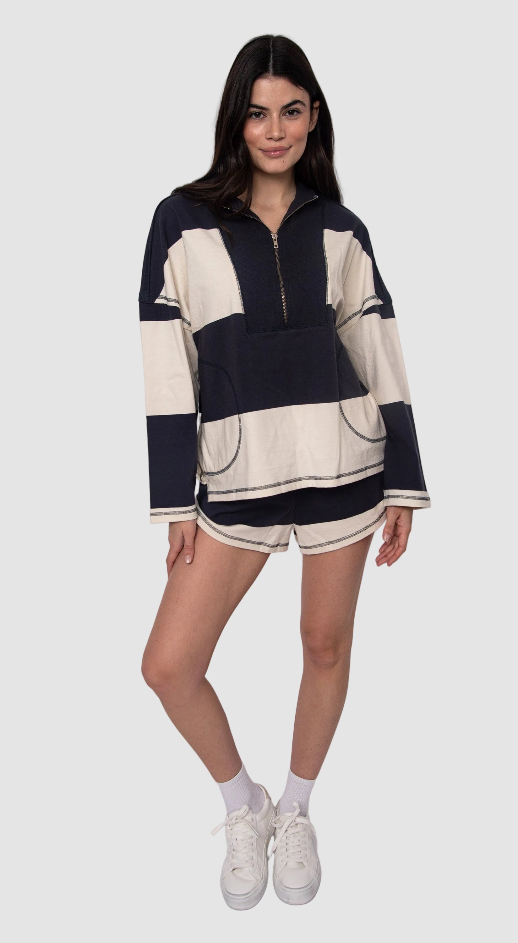 CAMILLE STRIPED ZIP PULLOVER - NAVY