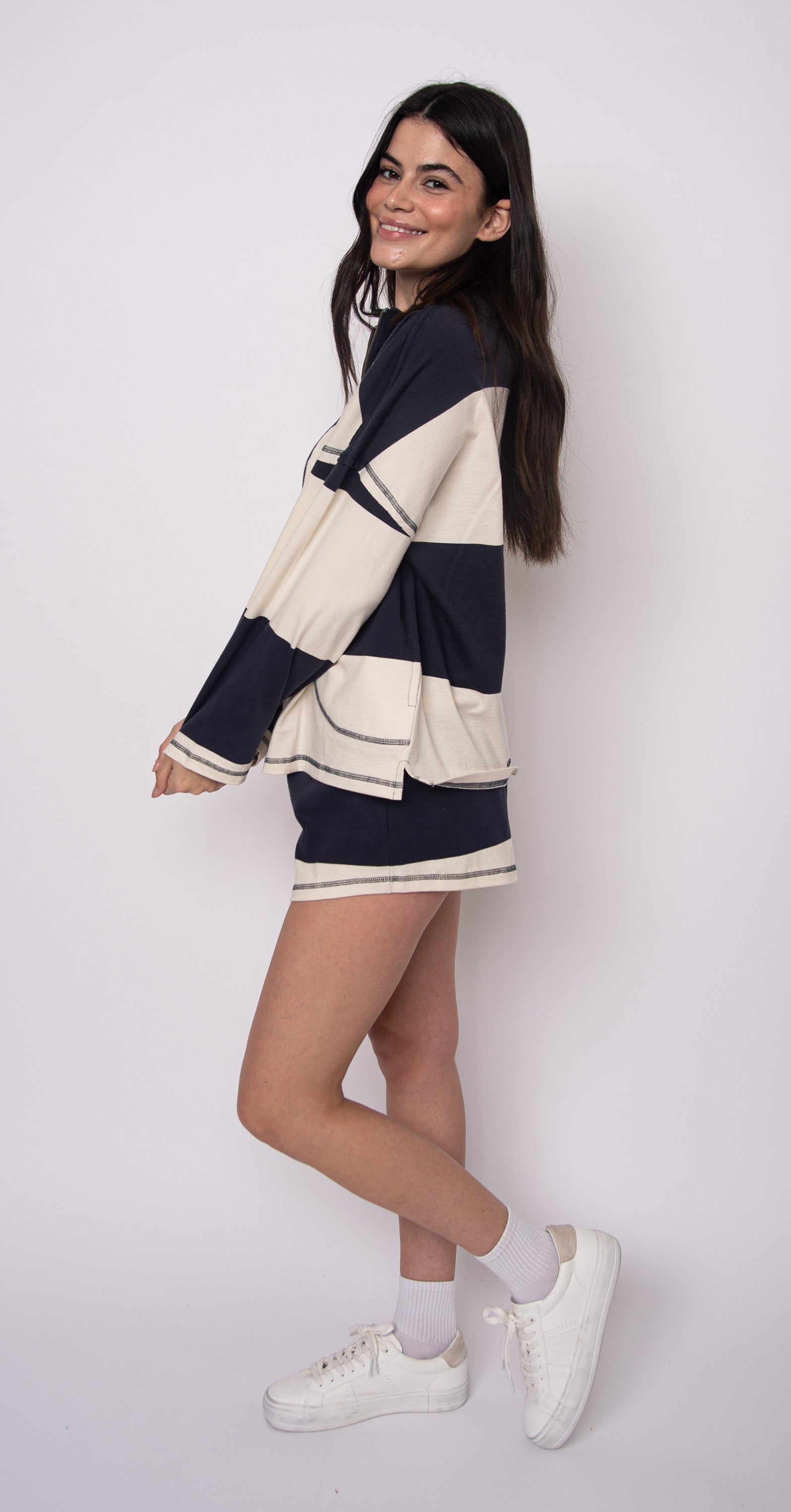 CAMILLE STRIPED ZIP PULLOVER - NAVY