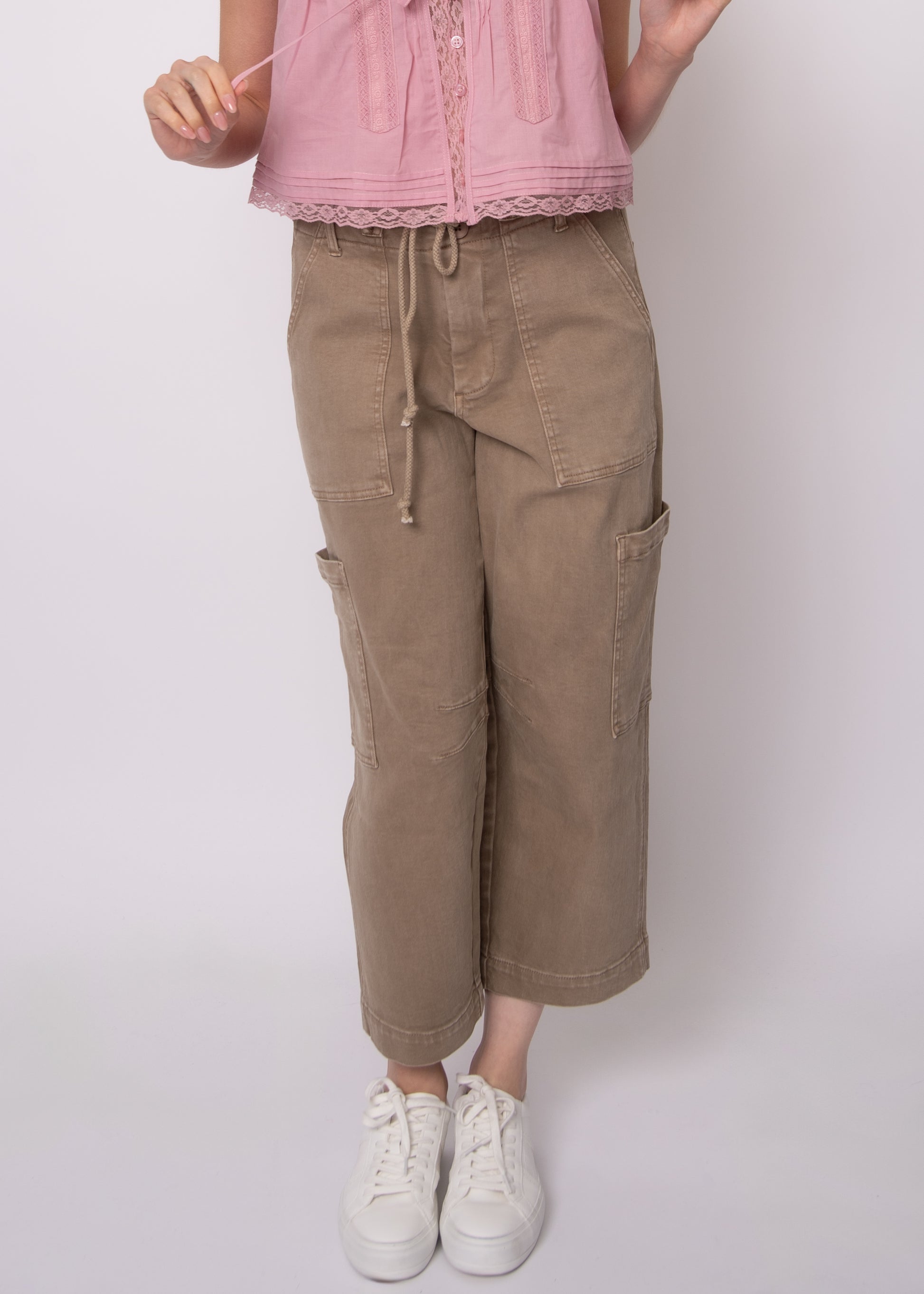JULIE STRETCH TWILL CROPPED CARGO PANTS - SAND