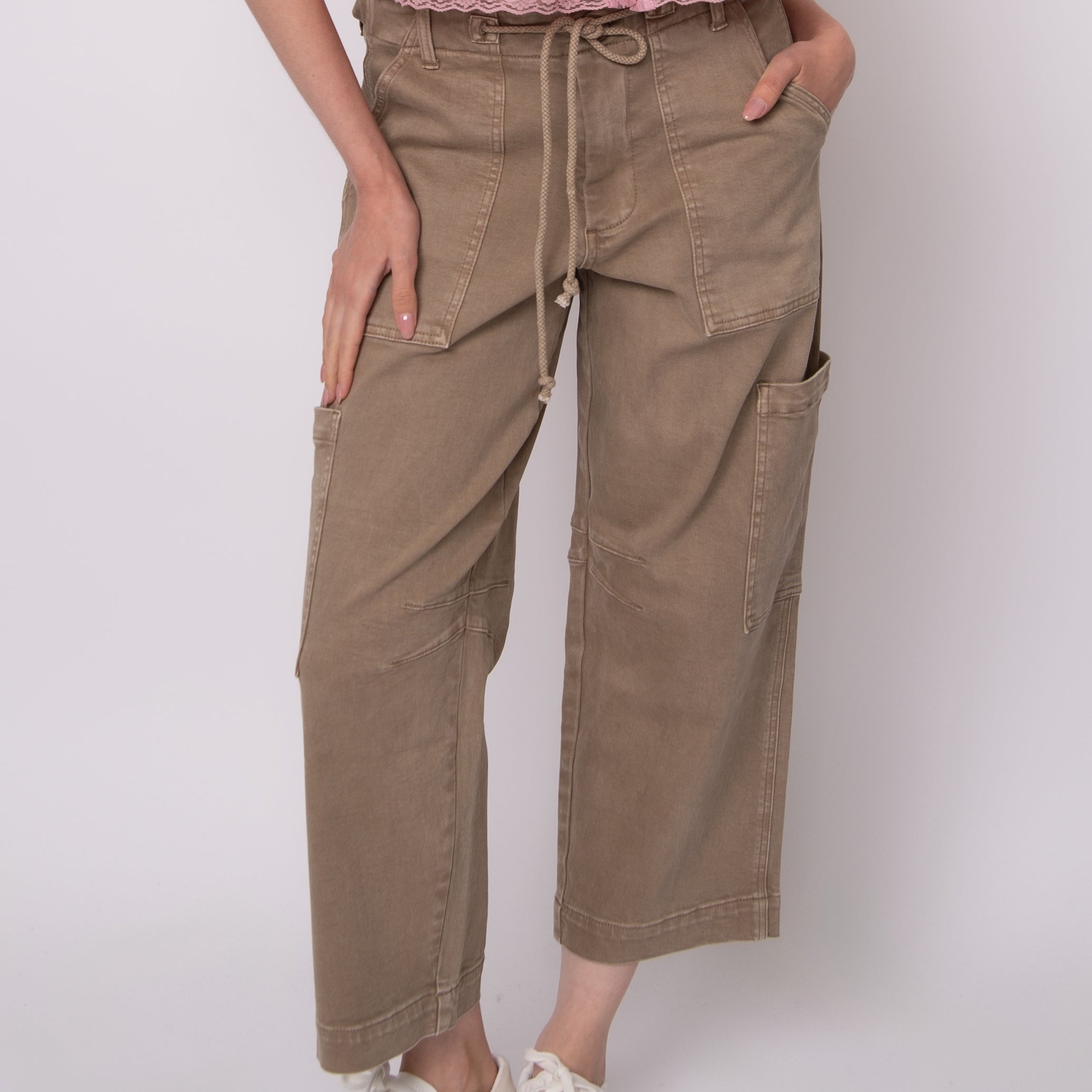 JULIE STRETCH TWILL CROPPED CARGO PANTS - SAND