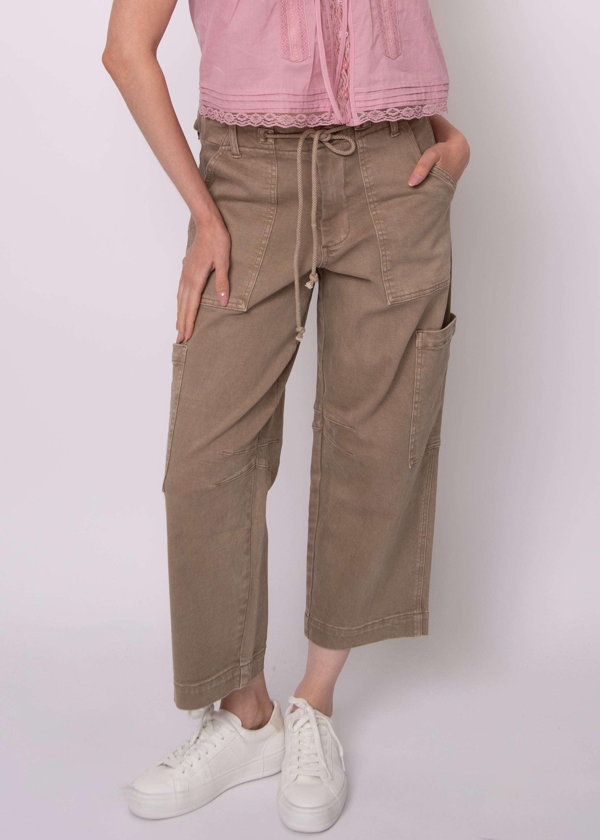 JULIE STRETCH TWILL CROPPED CARGO PANTS - SAND