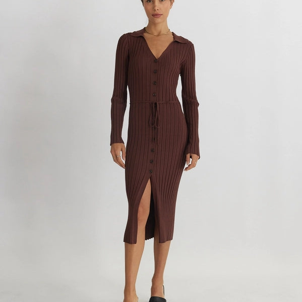 THE DANA RIBBED DRESS - CHESTNUT