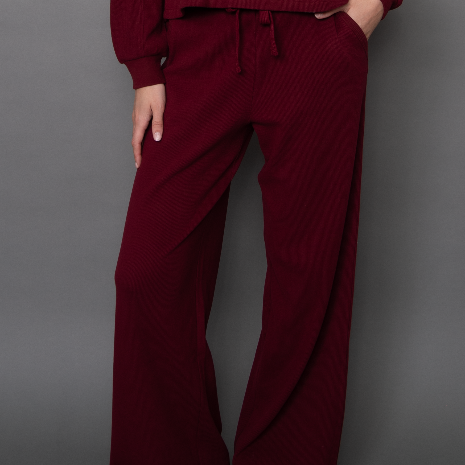 PHILO COZY WAFFLE DRAWSTRING PULL ON WIDE LEG PANT - DEEP RED