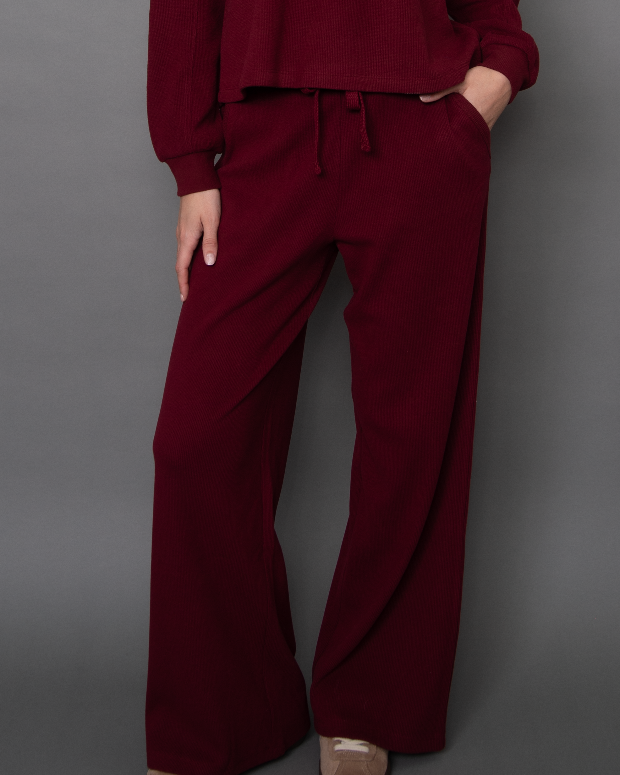 PHILO COZY WAFFLE DRAWSTRING PULL ON WIDE LEG PANT - DEEP RED