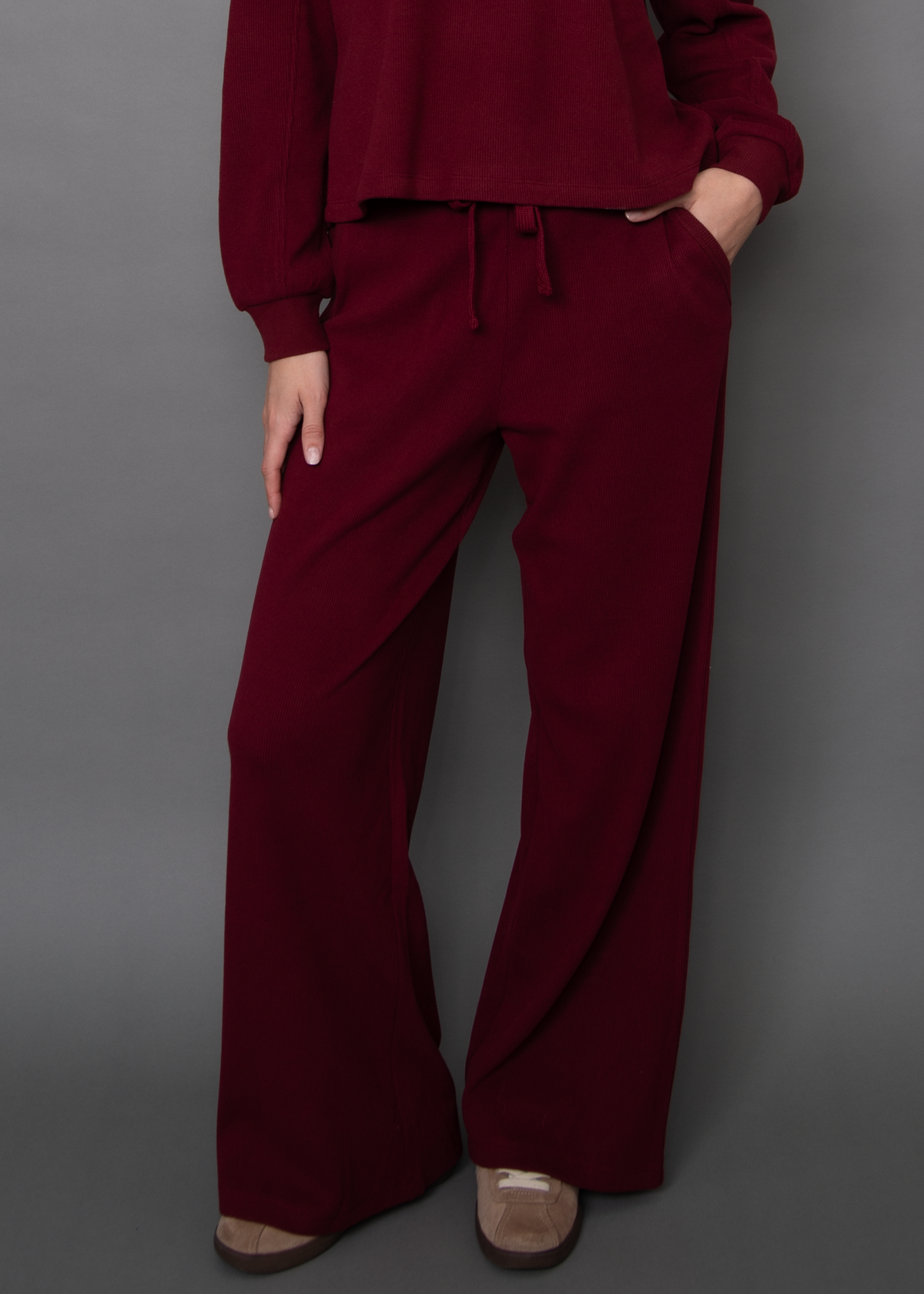 PHILO COZY WAFFLE DRAWSTRING PULL ON WIDE LEG PANT - DEEP RED