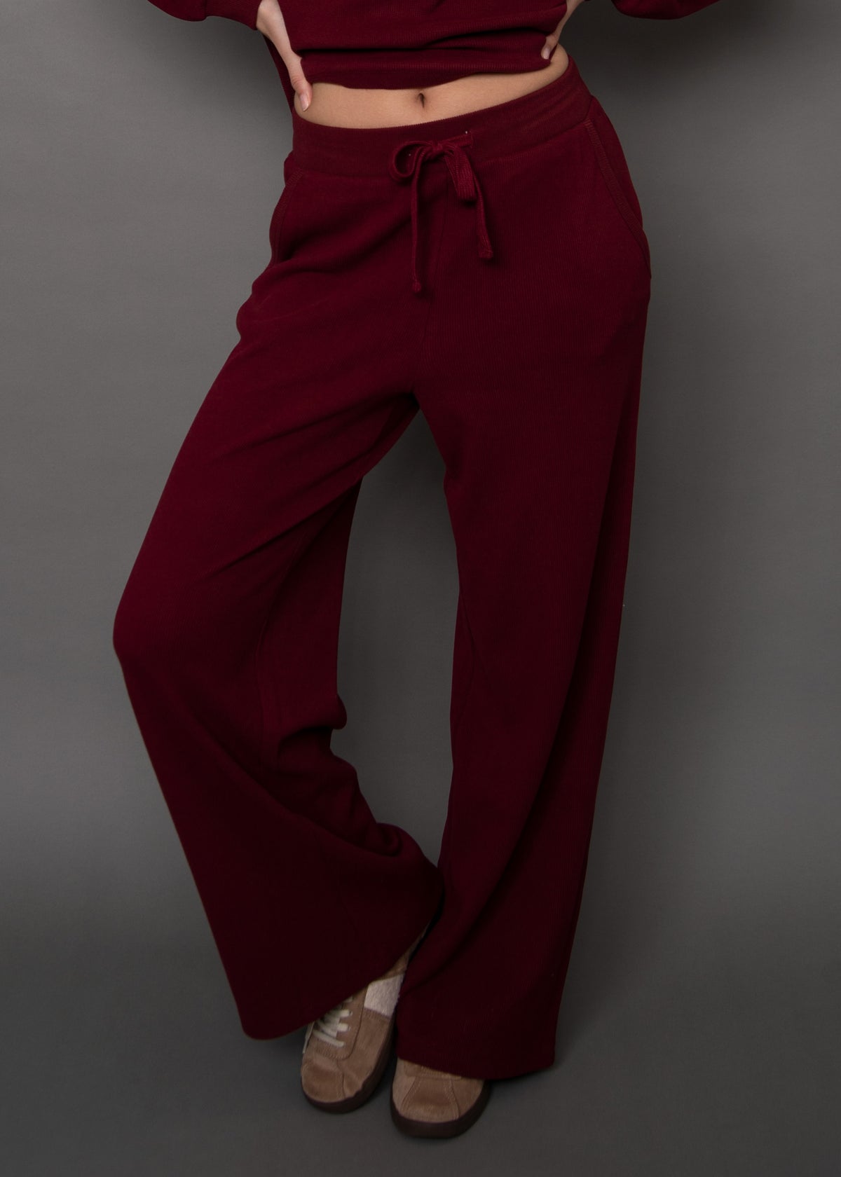 PHILO COZY WAFFLE DRAWSTRING PULL ON WIDE LEG PANT - DEEP RED