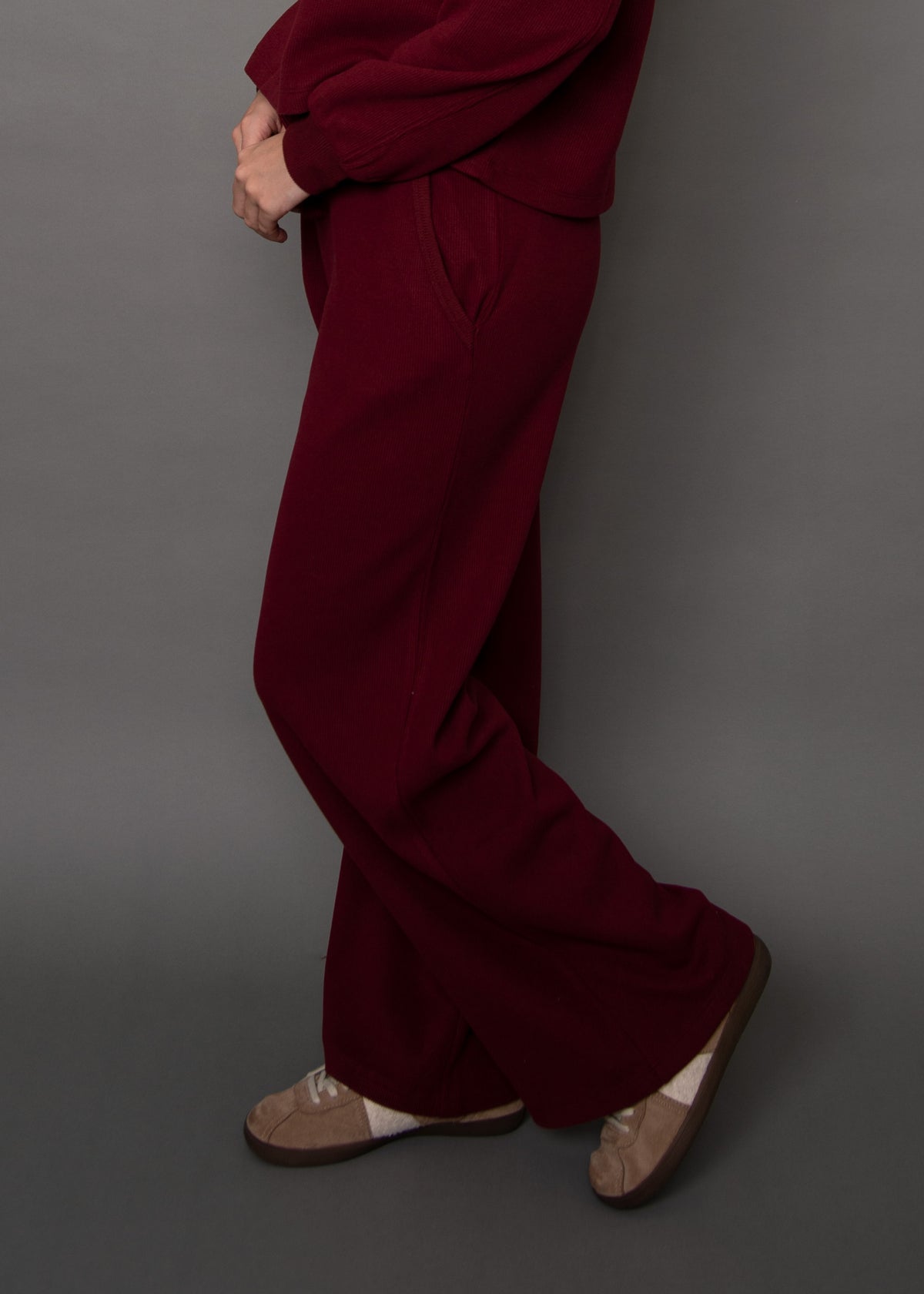PHILO COZY WAFFLE DRAWSTRING PULL ON WIDE LEG PANT - DEEP RED