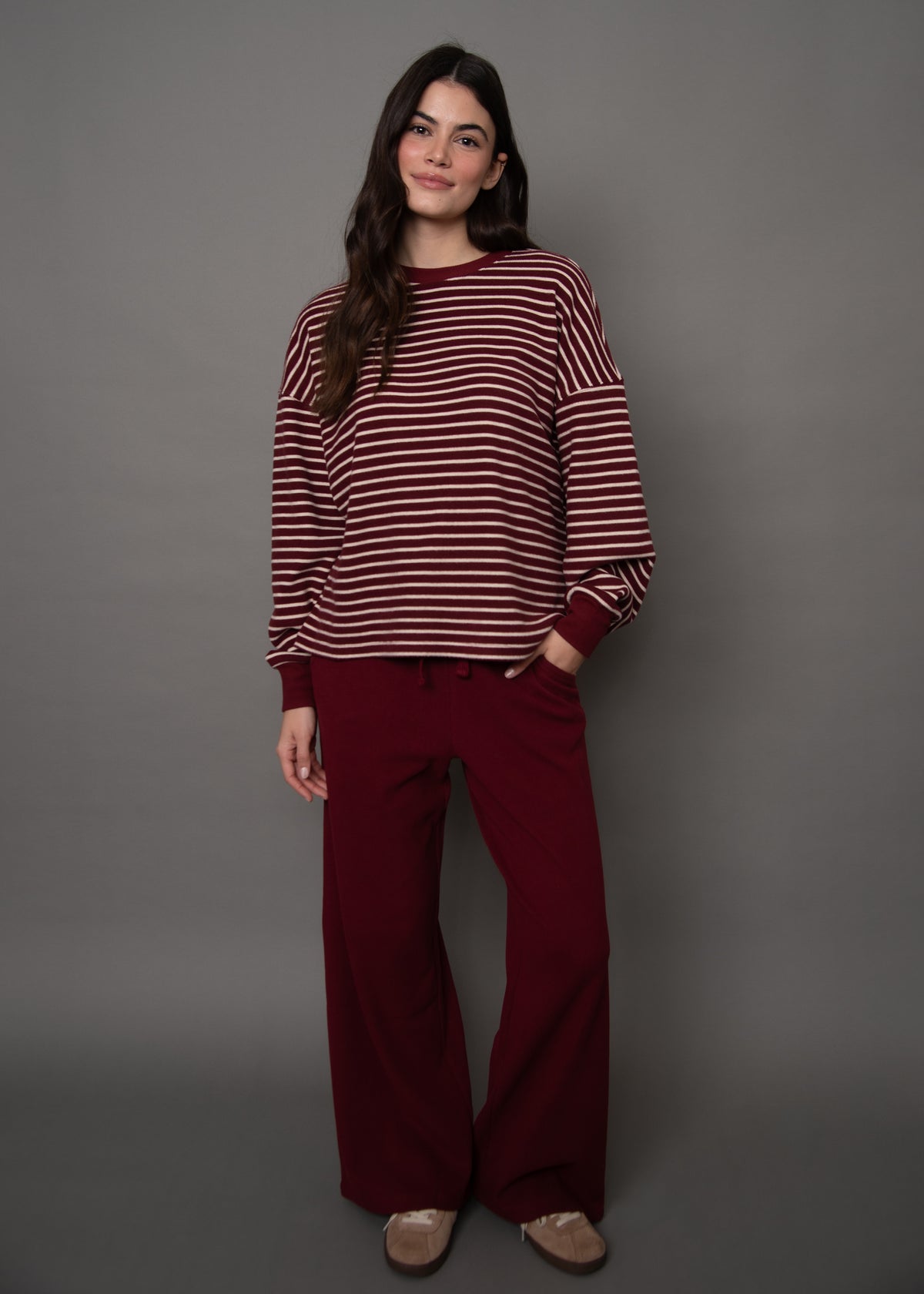 PHILO COZY WAFFLE DRAWSTRING PULL ON WIDE LEG PANT - DEEP RED