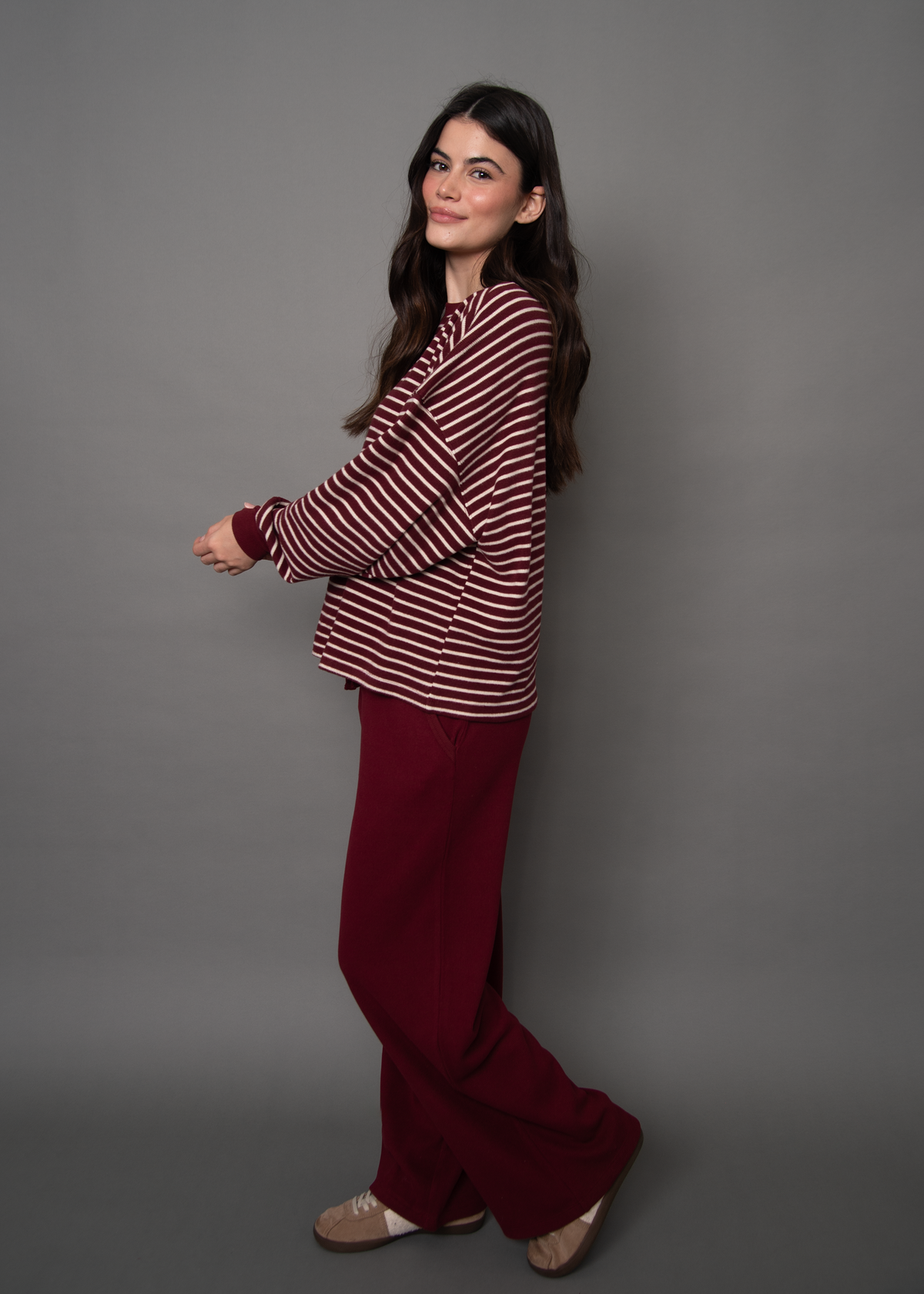 COLBERT STRIPED COZY WAFFLE LS - DEEP RED