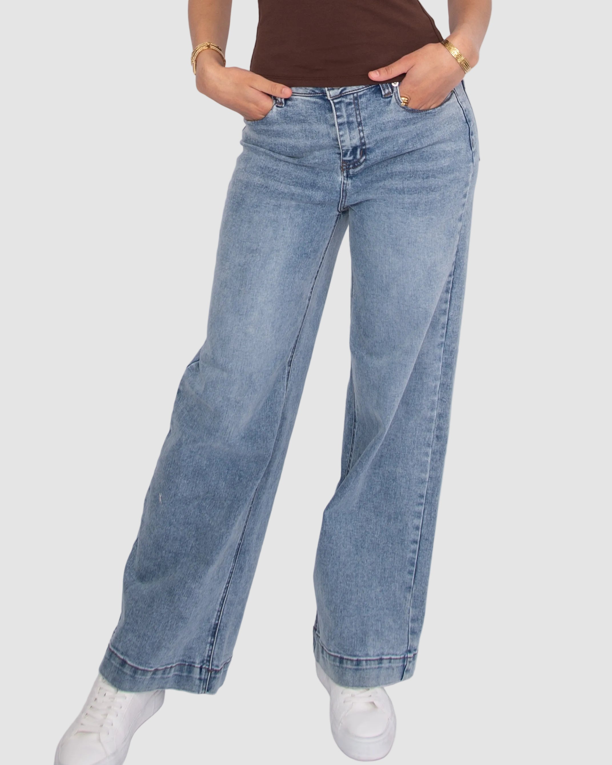 HIRANA 5 POCKET STRETCH DENIM PANTS - MID BLUE