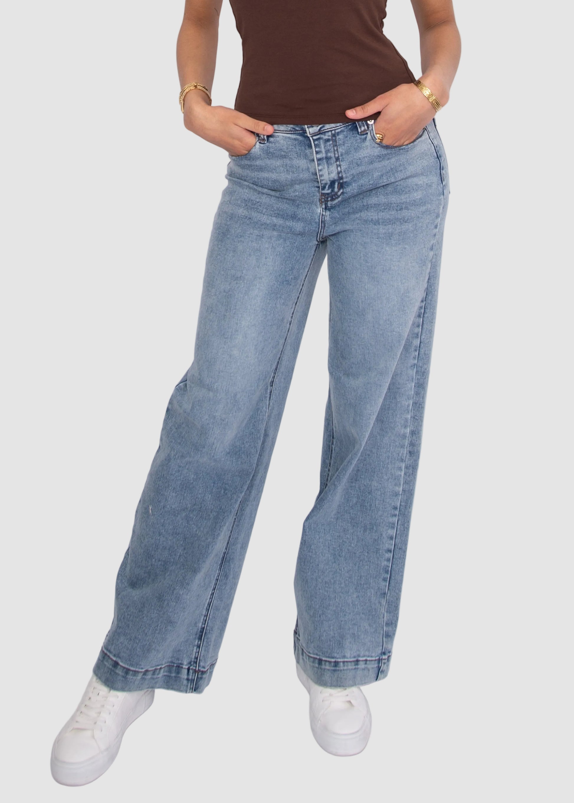HIRANA 5 POCKET STRETCH DENIM PANTS - MID BLUE