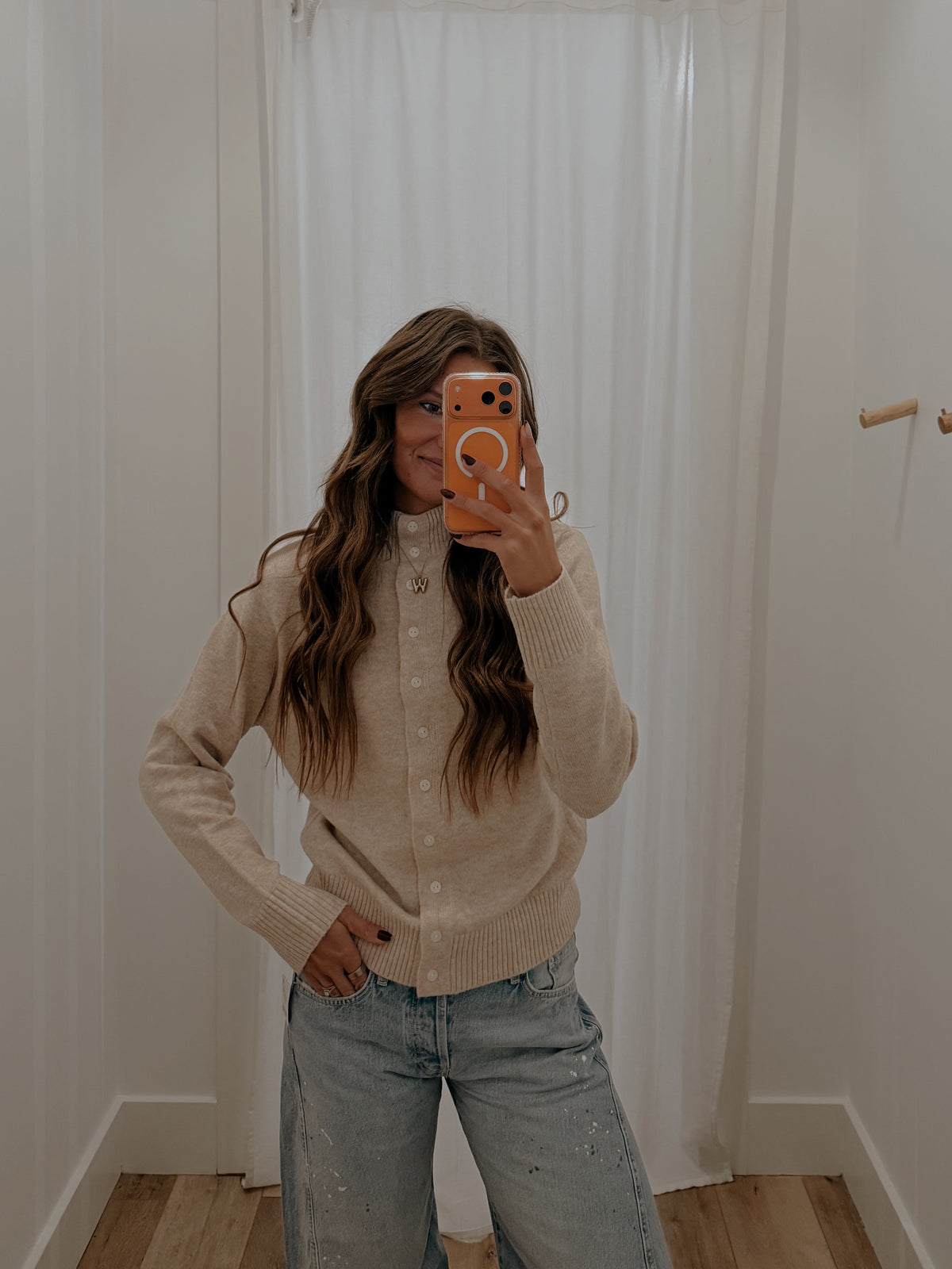 ALINA LONG SLEEVE MOCK NECK CARDIGAN - NATURAL