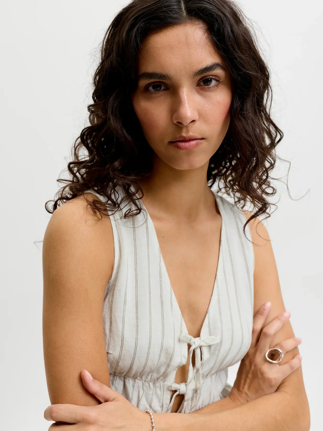 JJXX ALMIRA LINEN TIE TOP - BLANC STRIPES