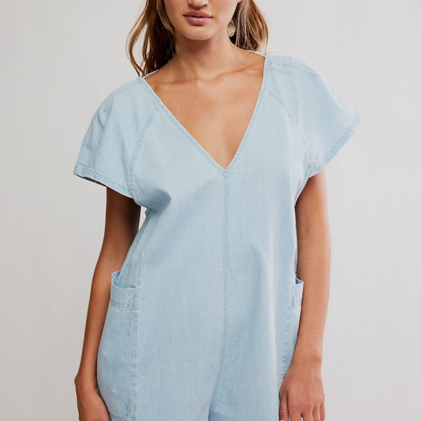 FREE PEOPLE FREE FALL DENIM ROMPER - WATER
