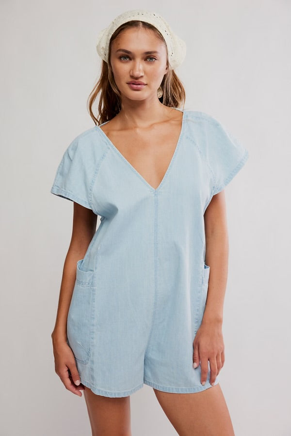 FREE PEOPLE FREE FALL DENIM ROMPER - WATER