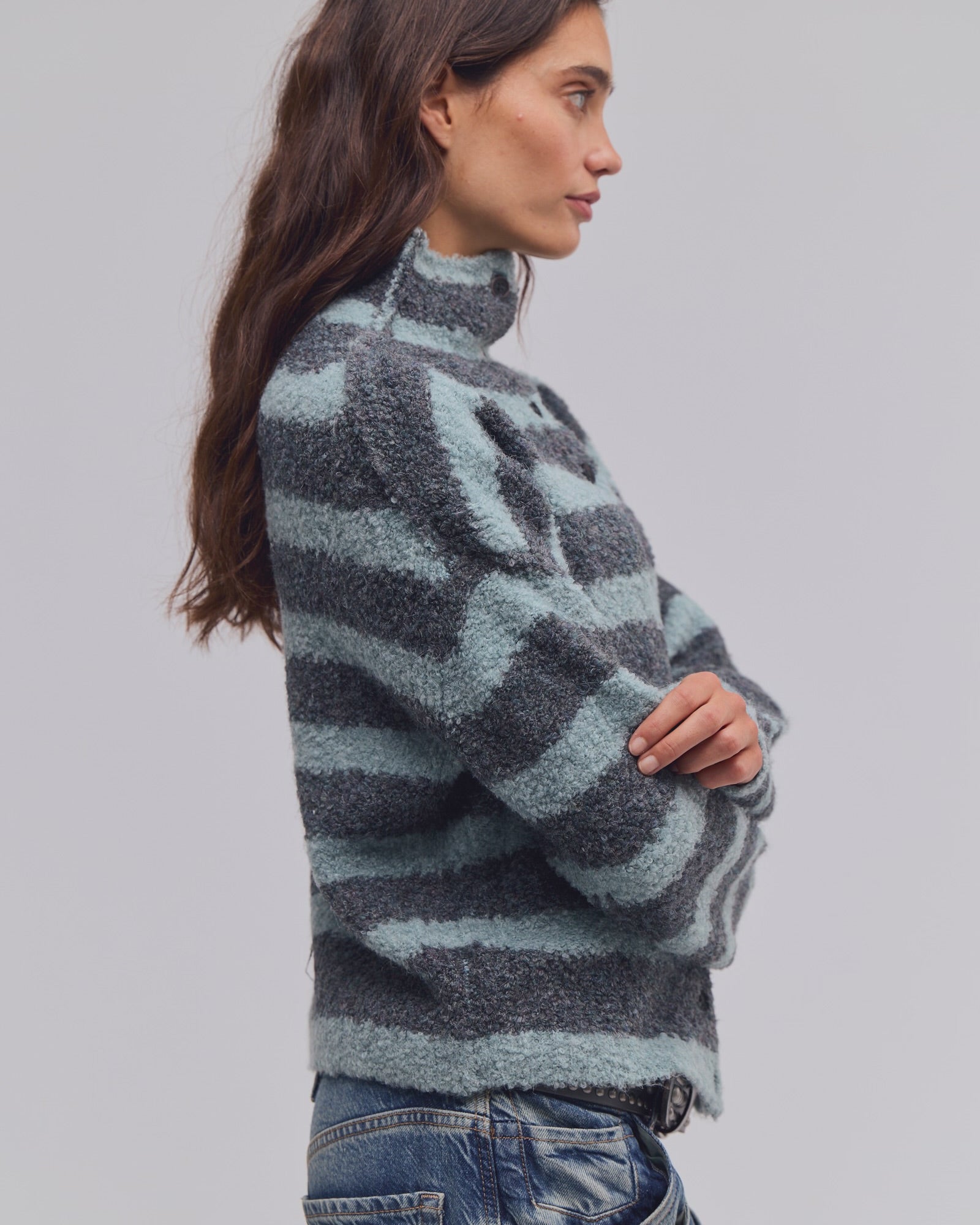 FREE PEOPLE BUTTON COLLECTION CARDI - STORM CLOUD COMBO
