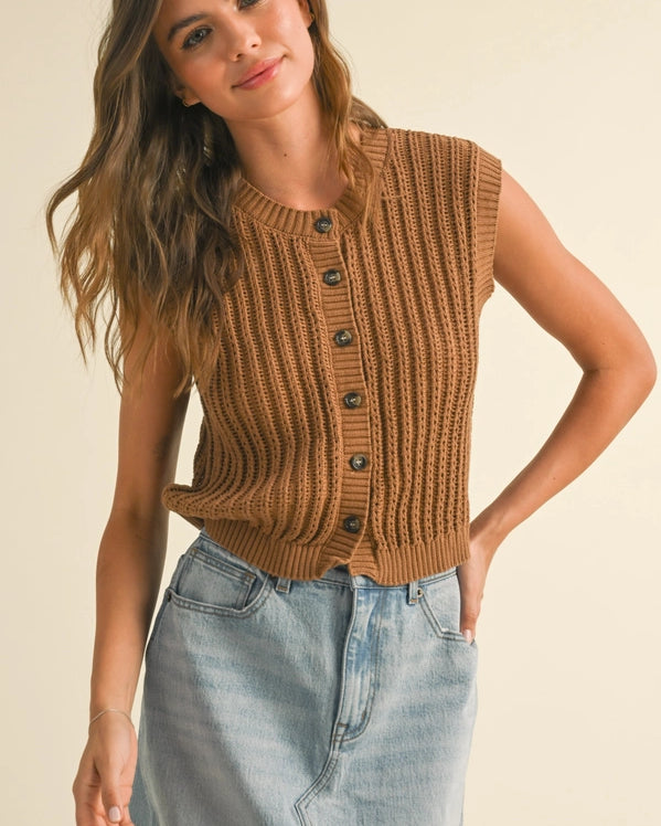 BUTTON DOWN CROCHET VEST - BROWN