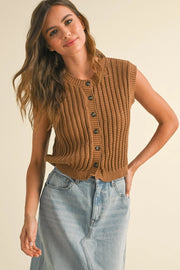 BUTTON DOWN CROCHET VEST - BROWN