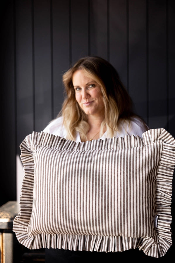 RUFFLE LUMBAR PILLOW WITH INSERT - BROWN WHITE STRIPES