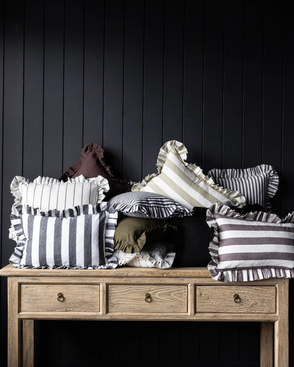 RUFFLE LUMBAR PILLOW WITH INSERT - OLIVE GREEN PIN STRIPES