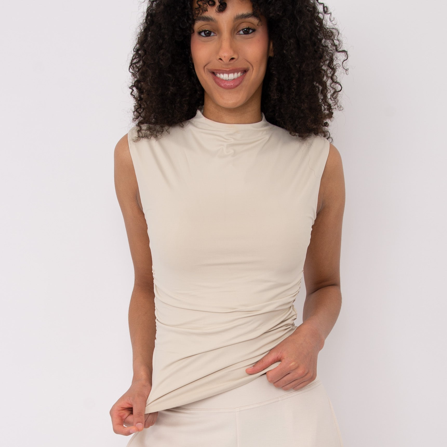 YVE MOCK NECK RUCHED TANK TOP - STONE