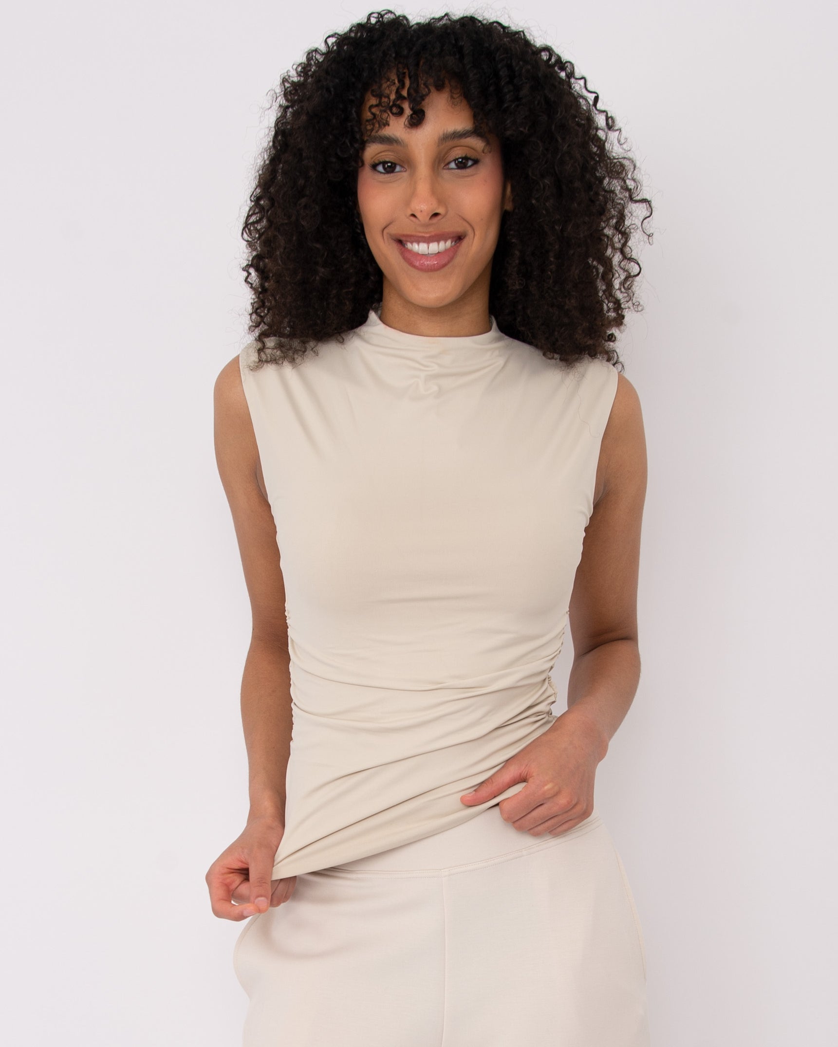 YVE MOCK NECK RUCHED TANK TOP - STONE
