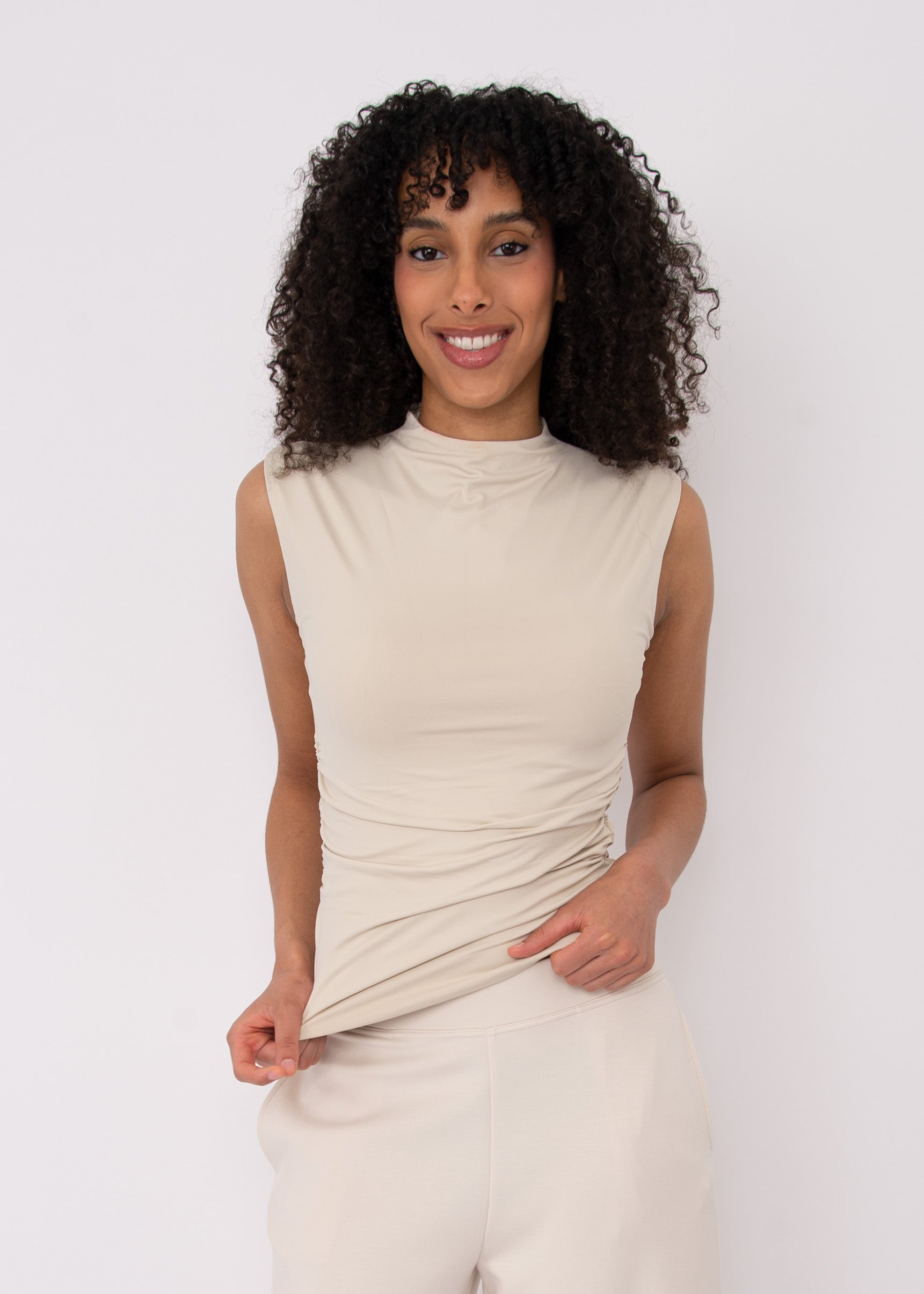 YVE MOCK NECK RUCHED TANK TOP - STONE