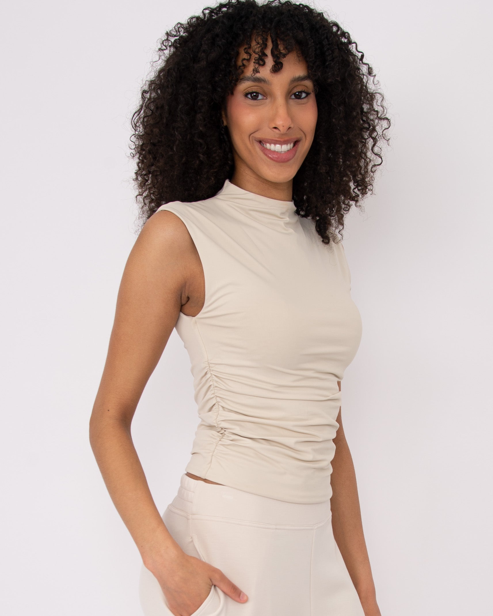 YVE MOCK NECK RUCHED TANK TOP - STONE