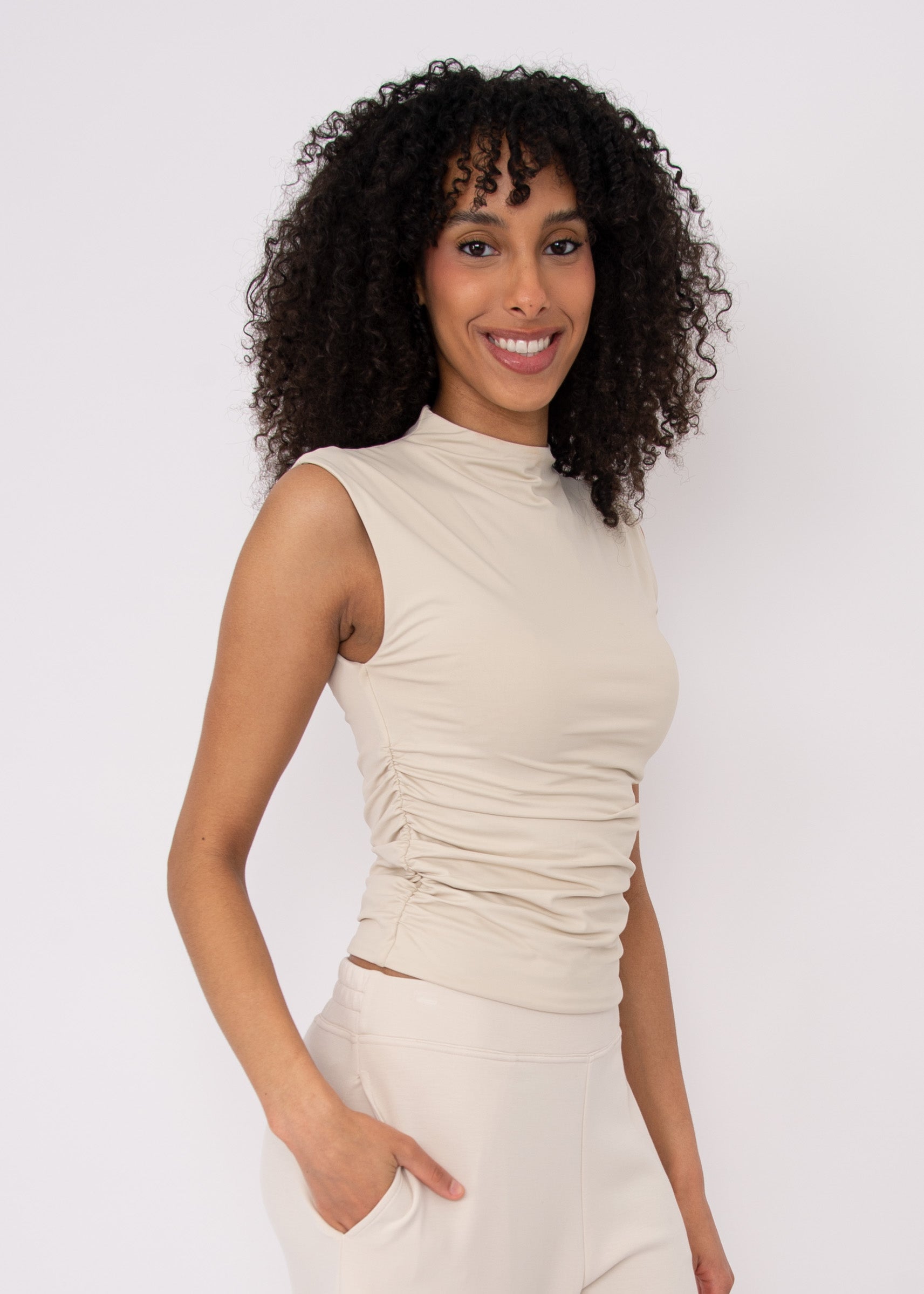 YVE MOCK NECK RUCHED TANK TOP - STONE