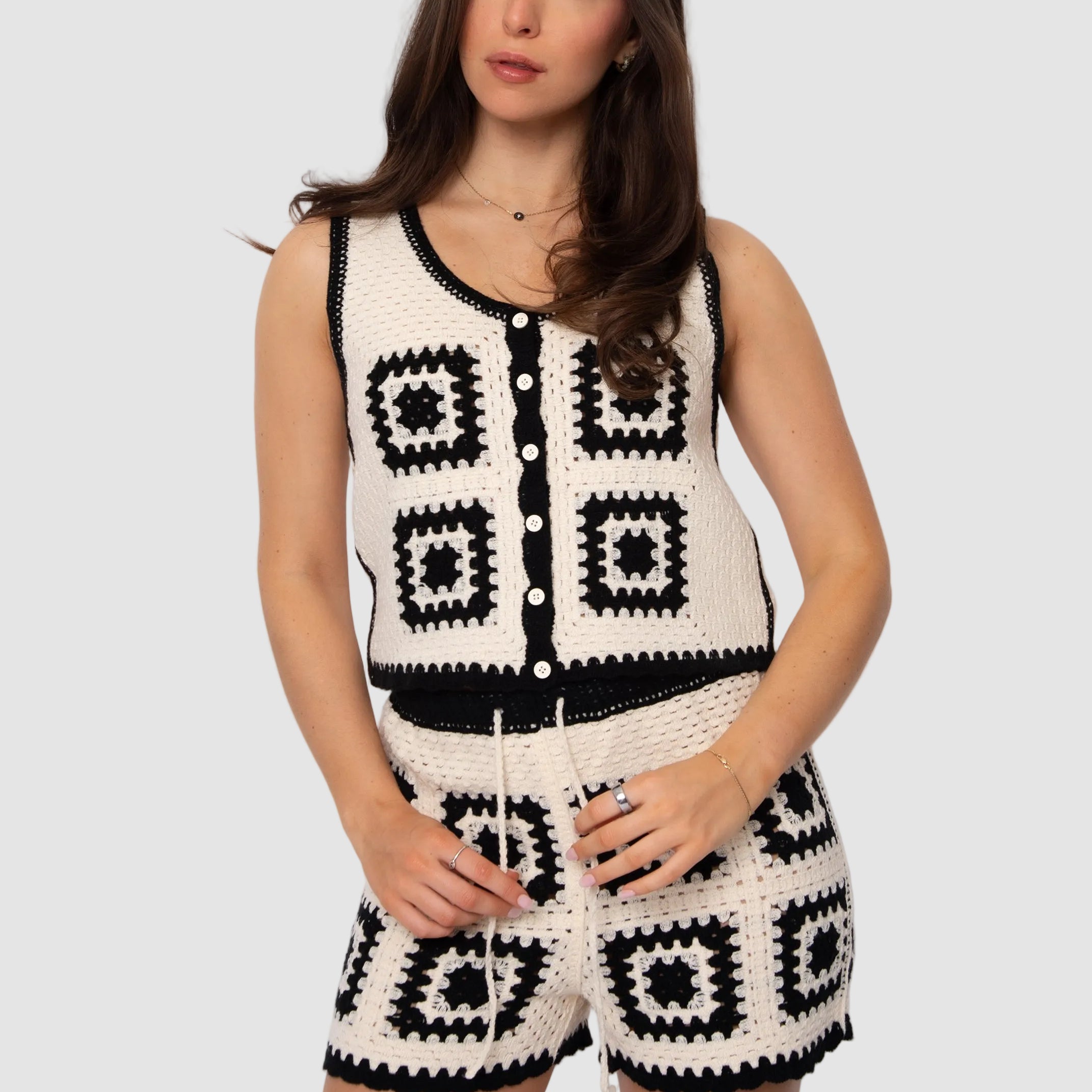 ALBY SL SCOOP NECK VEST + SHORTS SET - NATURAL + BLACK