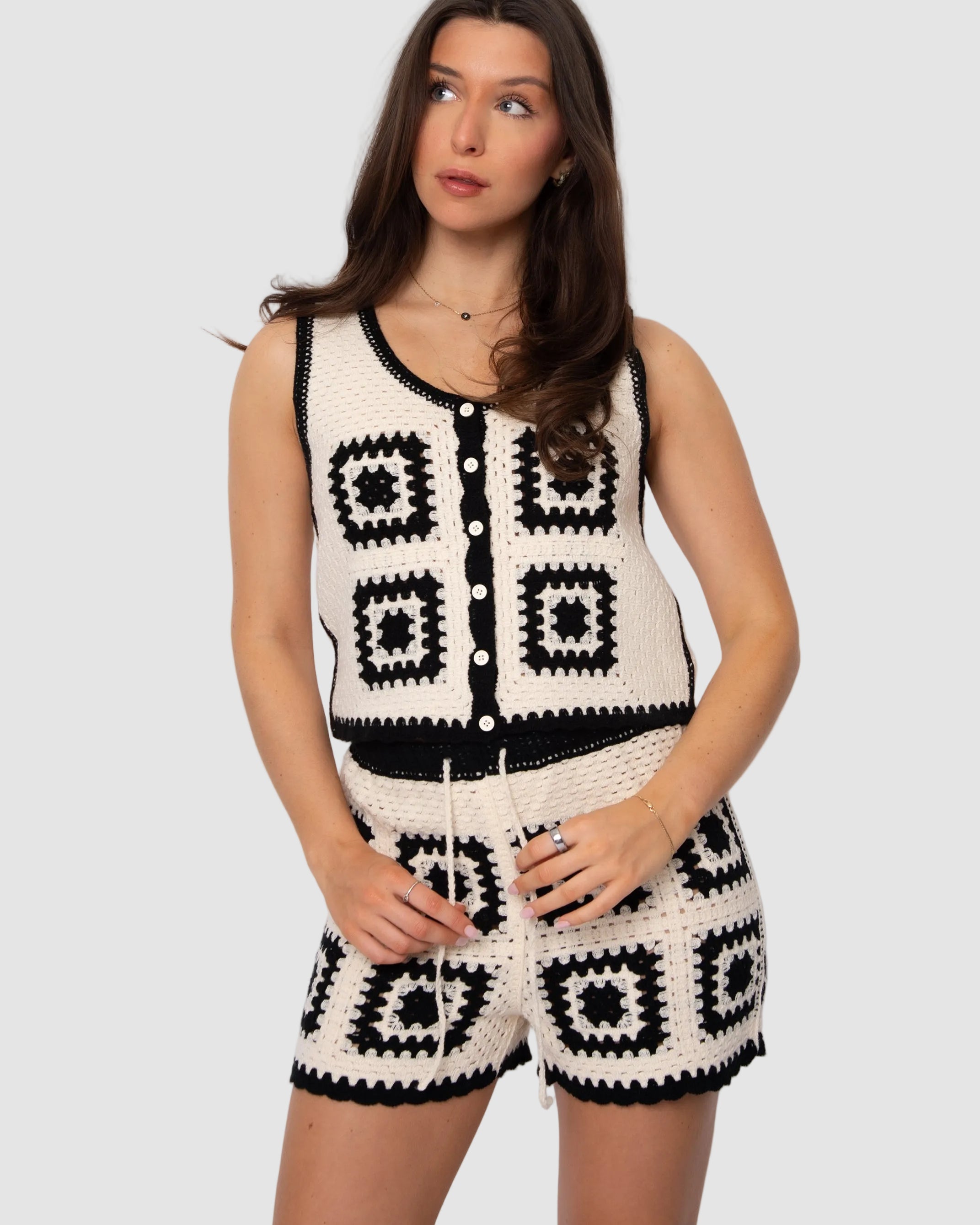 ALBY SL SCOOP NECK VEST + SHORTS SET - NATURAL + BLACK