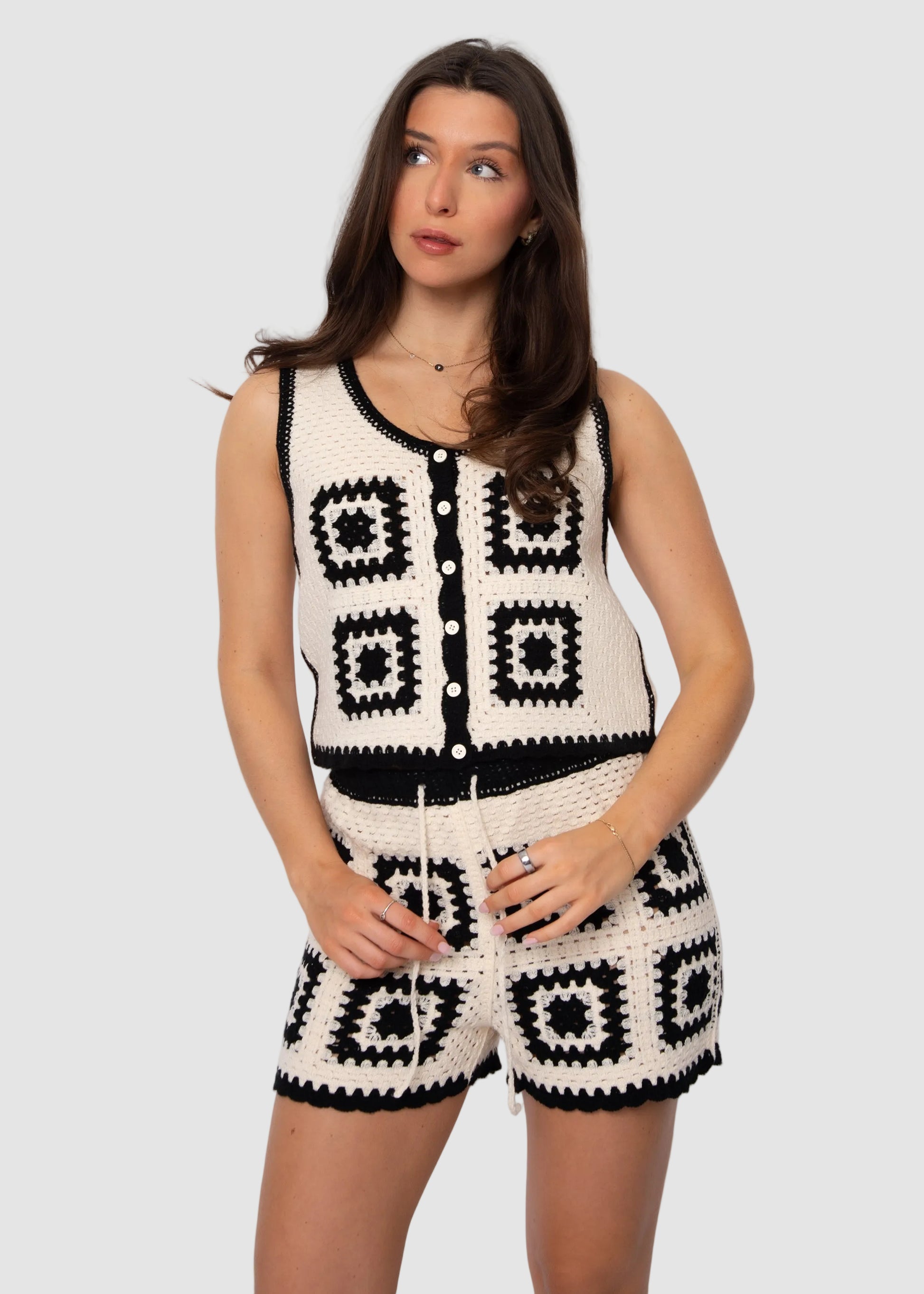 ALBY SL SCOOP NECK VEST + SHORTS SET - NATURAL + BLACK