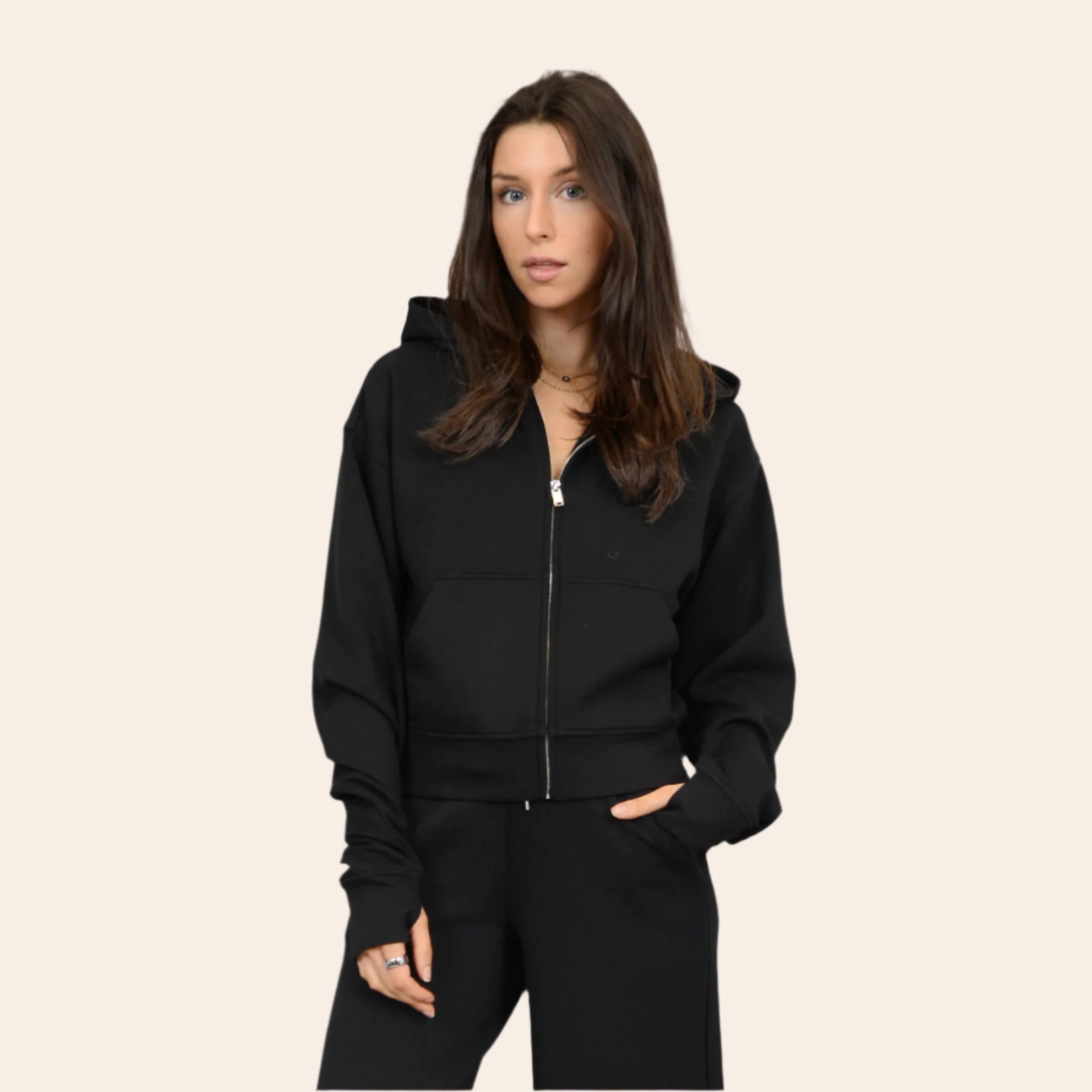 HAIDELYN SOFT KNIT LS ZIP UP HOODIE - BLACK