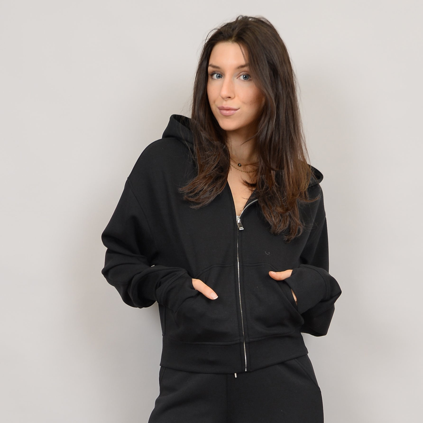 HAIDELYN SOFT KNIT LS ZIP UP HOODIE - BLACK