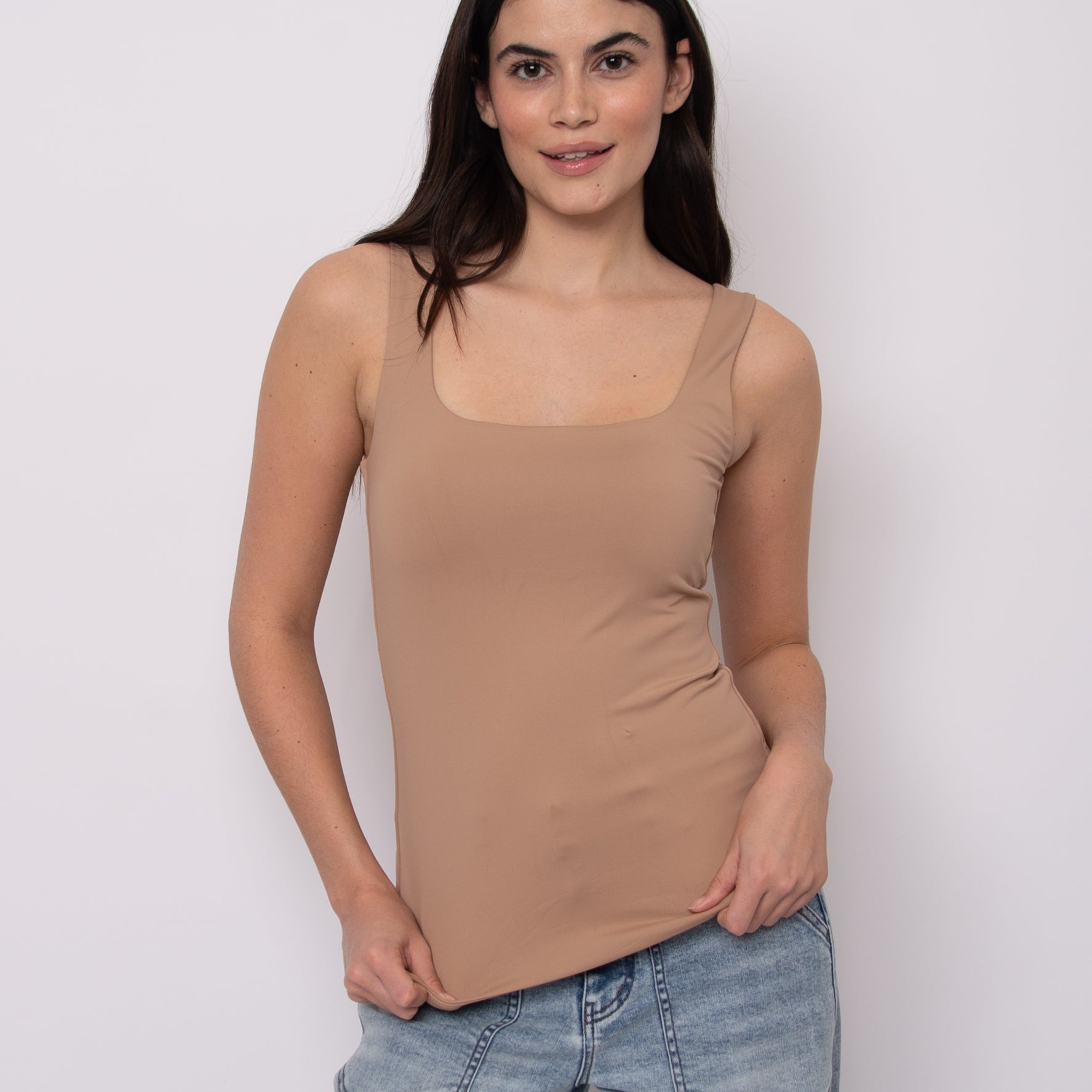 TIA SQUARED U NECKLINE TANK - ALMOND