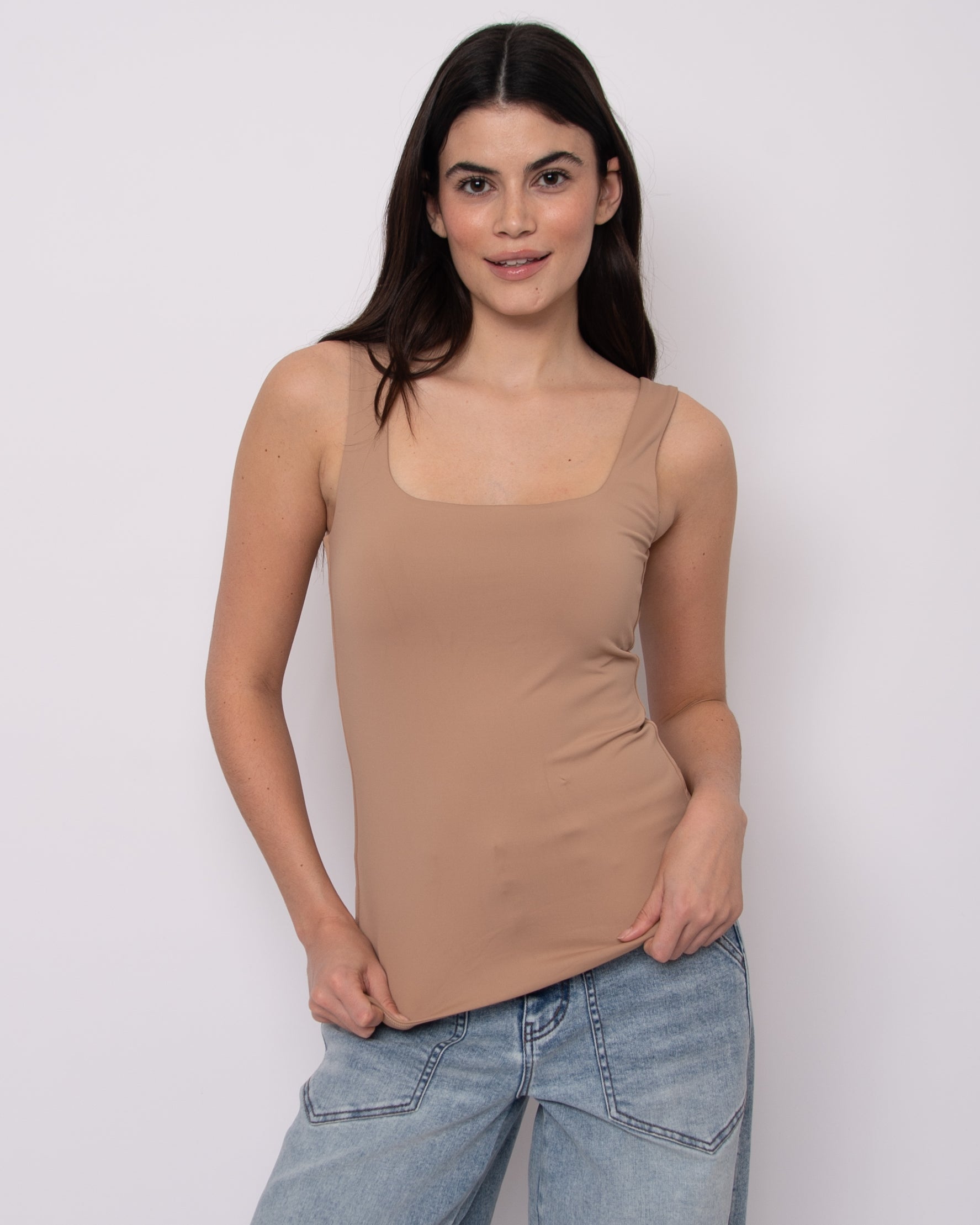 TIA SQUARED U NECKLINE TANK - ALMOND