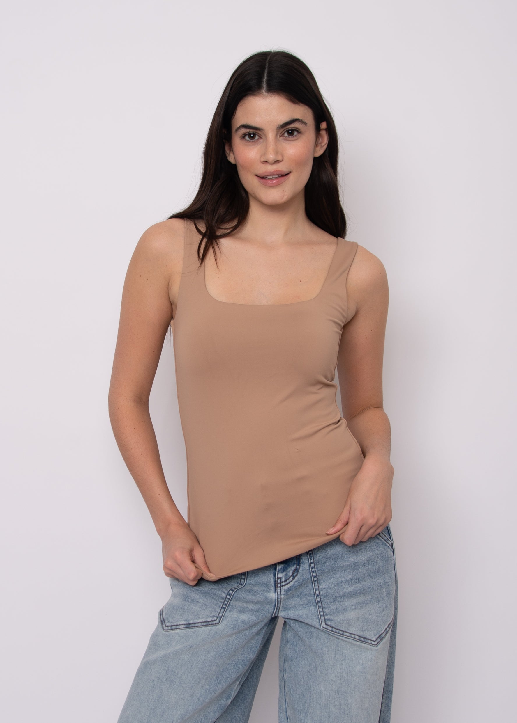TIA SQUARED U NECKLINE TANK - ALMOND